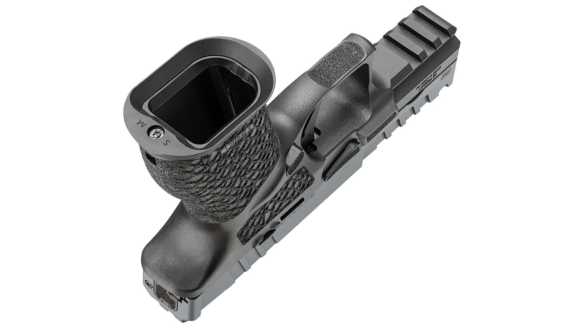 Underside view of the Springfield Armory Echelon Pro 4.0C Comp showing the open flared magazine well, textured grip, trigger guard and accessory rail