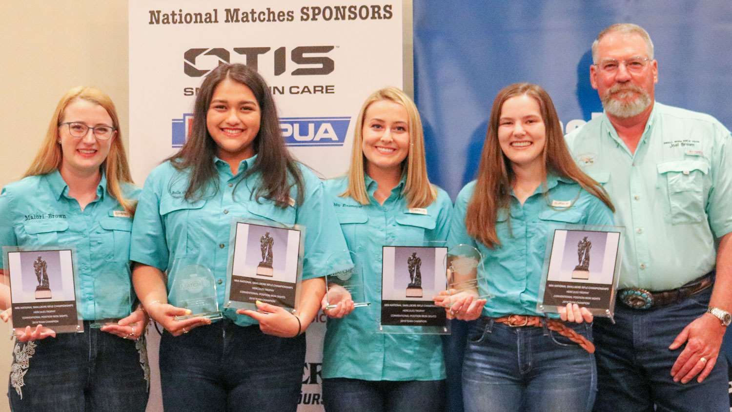 At the 2019 3-P awards ceremony (l. to r.): Malori Brown, Bella Gamez, Abigail Zinsmeyer, M’Leah Lambdin and Coach Joel Brown.