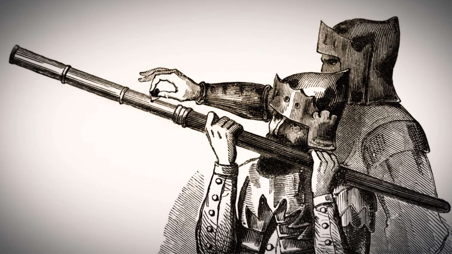 Historical drawing of two medieval European soldiers firing a hand cannon illustrating the earliest documented use of handheld firearms in Europe around 1326