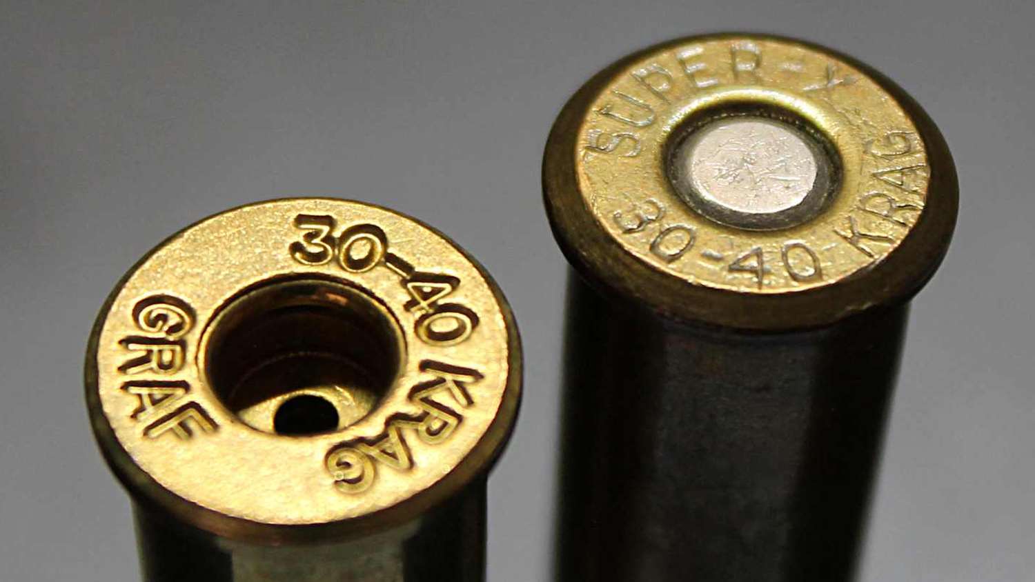Compared to the Graf .30-40 case (l.), an older Winchester case (r.) has a pronounced rim bevel.