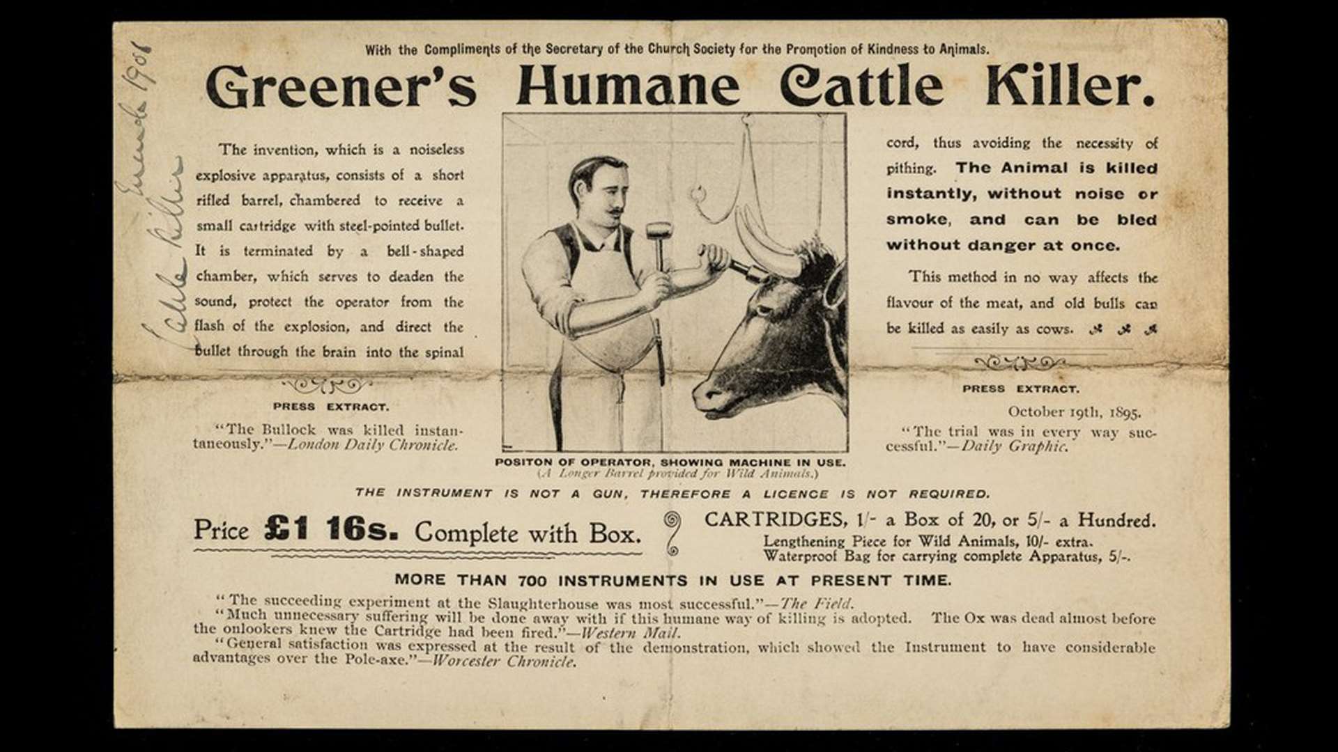 Old ad for Greener’s Humane Cattle-Killer