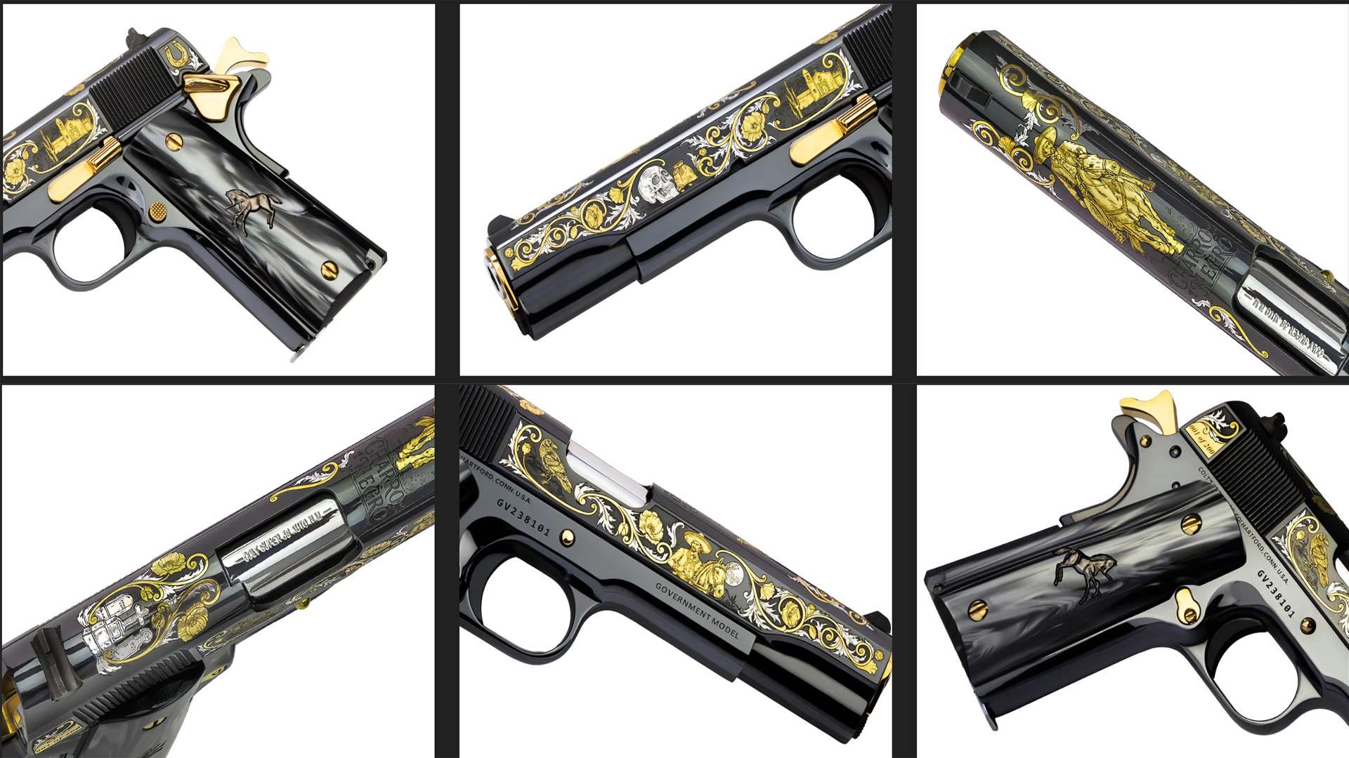 Six close-up views of an engraved blued Colt 1911 with gold and silver scrollwork, showing a skull, money bag and cathedral, a gold horseman riding across the top of the slide, a raven, a moonlit rider beside his horse, a silver graveyard scene, an "001 of 200" edition marking and pearl grips with a horse medallion
