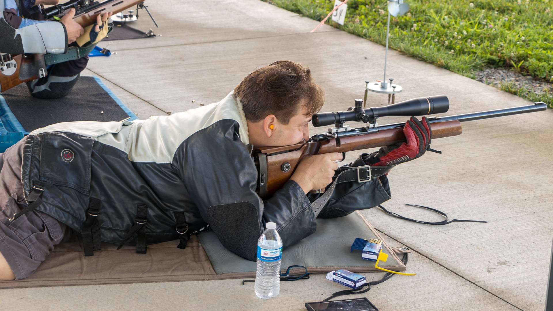Smallbore rifle shooter in prone position