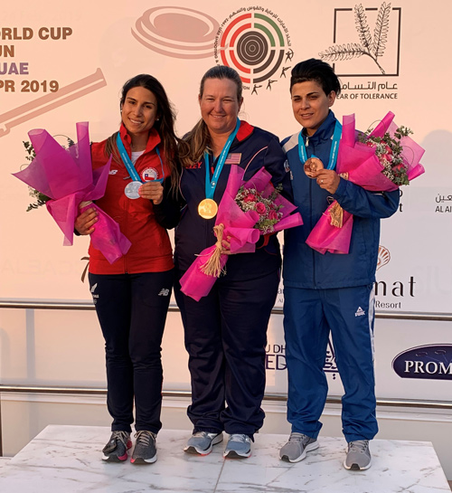 (L. to R.) Silver medalist Francisca Crovetto Chadid (Chile), gold medalist Kim Rhode (USA) and bronze medalist Andri Eleftheriou (Cypress) on the podium at ISSF World Cup Shotgun in Al Ain, United Arab Emirates, on April 14, 2019.