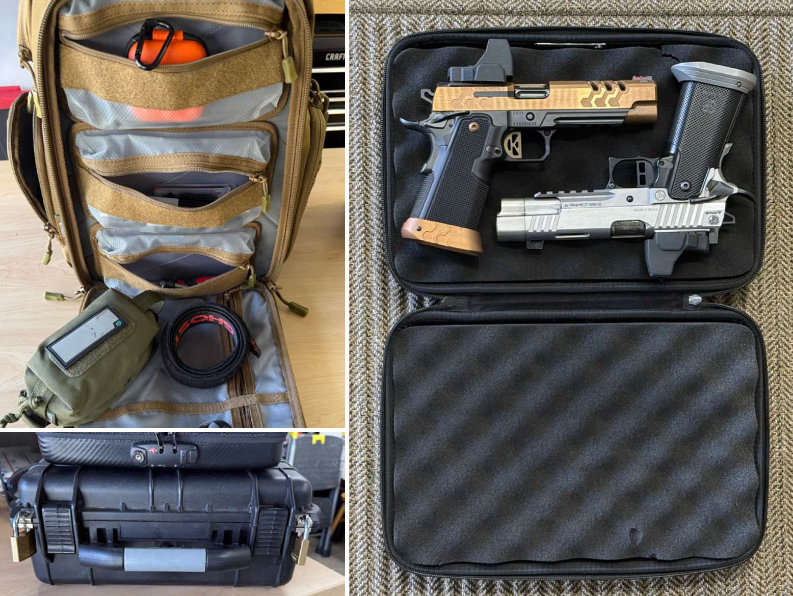 Three photos showing travel-ready firearm gear: an open tactical range bag with magazines and accessories neatly compartmentalized; a closed black hard case secured with two brass padlocks; and an open hard case with foam padding holding two competition pistols side by side