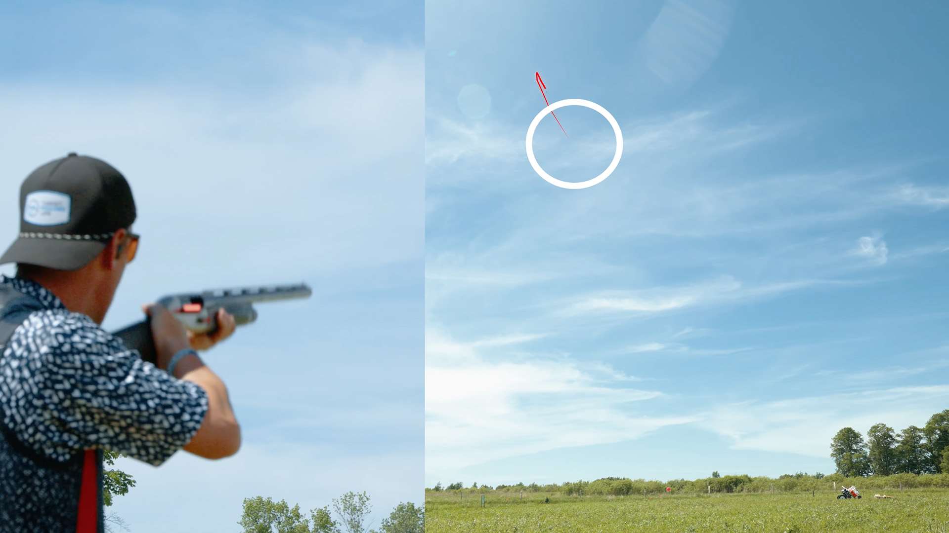 Split-screen image showing Steve Gould firing a shotgun on the left and a distant clay target breaking in the sky, circled in white with a red streak, on the right