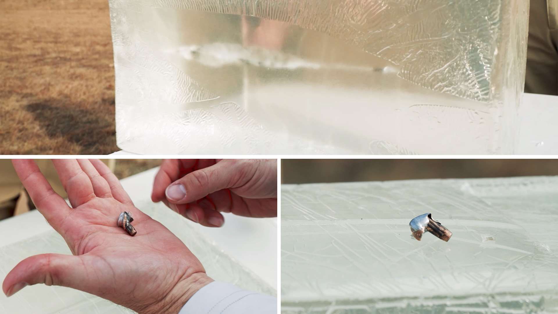 Three-panel image showing a bullet wound channel inside a clear ballistic gelatin block, a recovered expanded bullet held in an open palm and a close-up of the mushroomed BC Max bullet with jacket and core intact