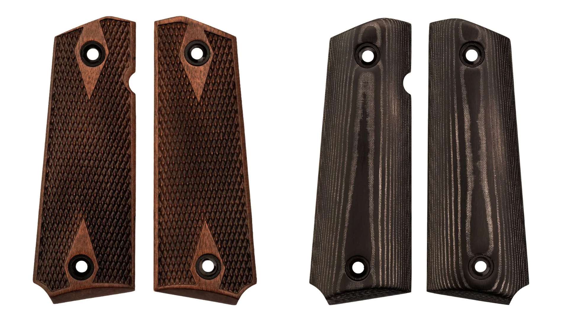 Two pairs of 1911 grip panels on a white background, with checkered walnut panels with smooth diamonds around the screw holes at left and smooth black Micarta panels with gray layered striations at right