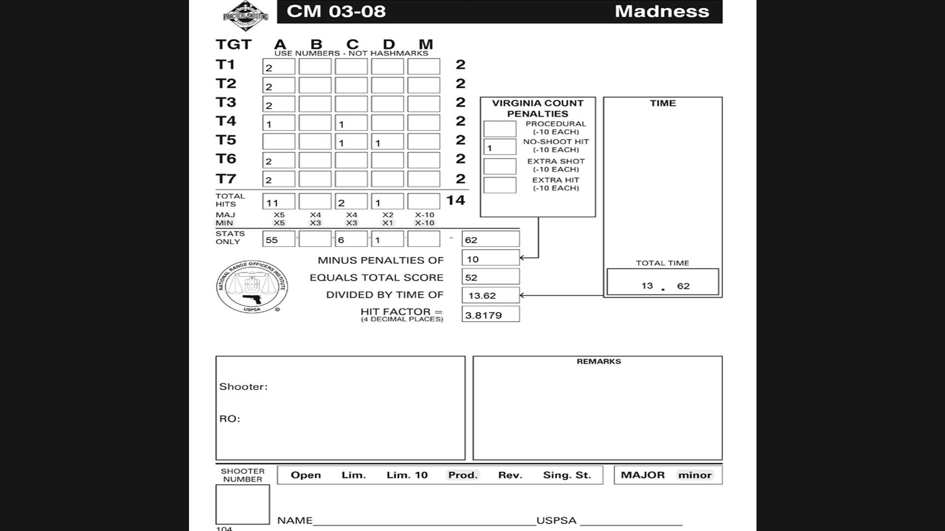 USPSA score sheet