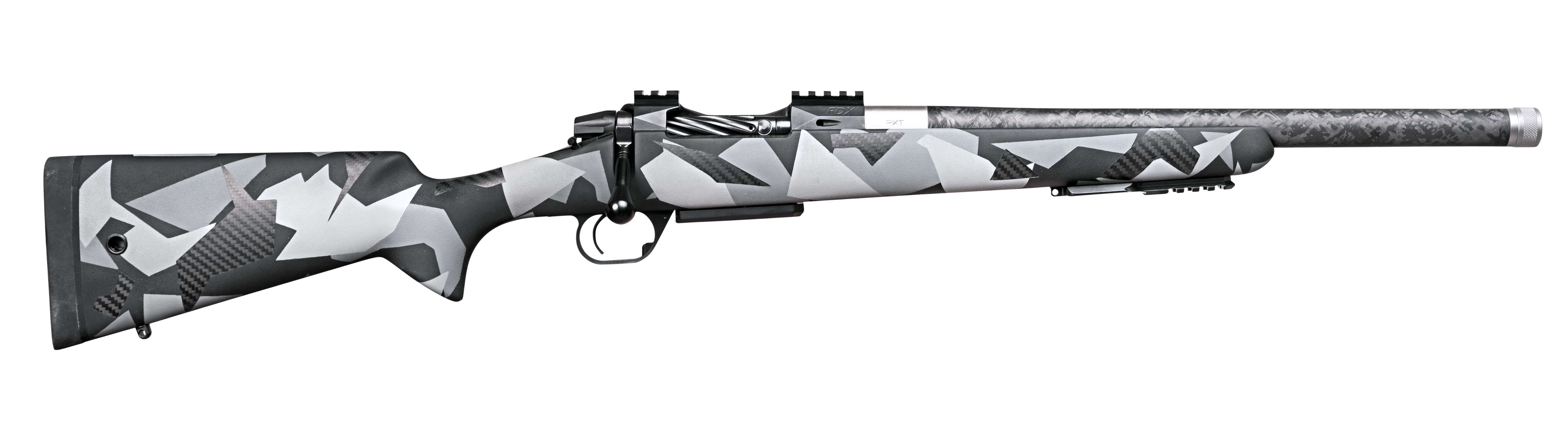 Full side profile photograph of the PROOF Research Elevation FDX bolt-action rifle photographed against a white background, showing the grey geometric camouflage stock, carbon-fiber barrel and bolt-action receiver