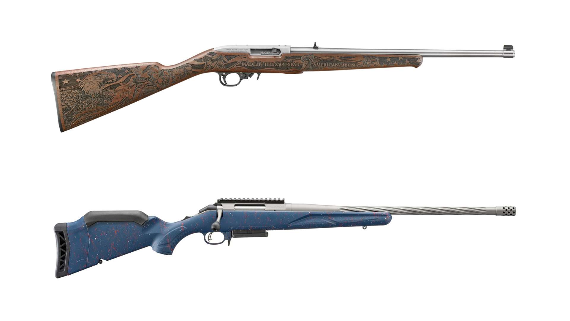 Ruger 250th Anniversary 10/22 rifle with engraved Altamont American walnut stock and Ruger American Rifle Gen II in .308 Winchester with Liberty Blue splatter synthetic stock