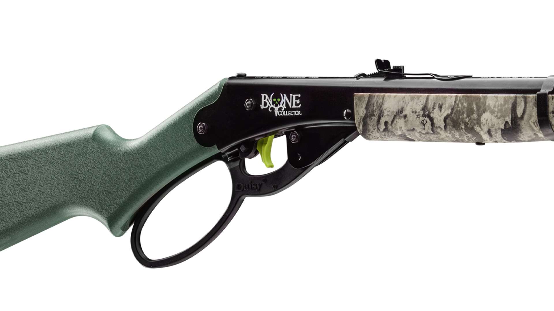 Close-up of the Daisy Bone Collector 1999 receiver, large loop lever and green trigger, with the Bone Collector logo visible on the black receiver cover