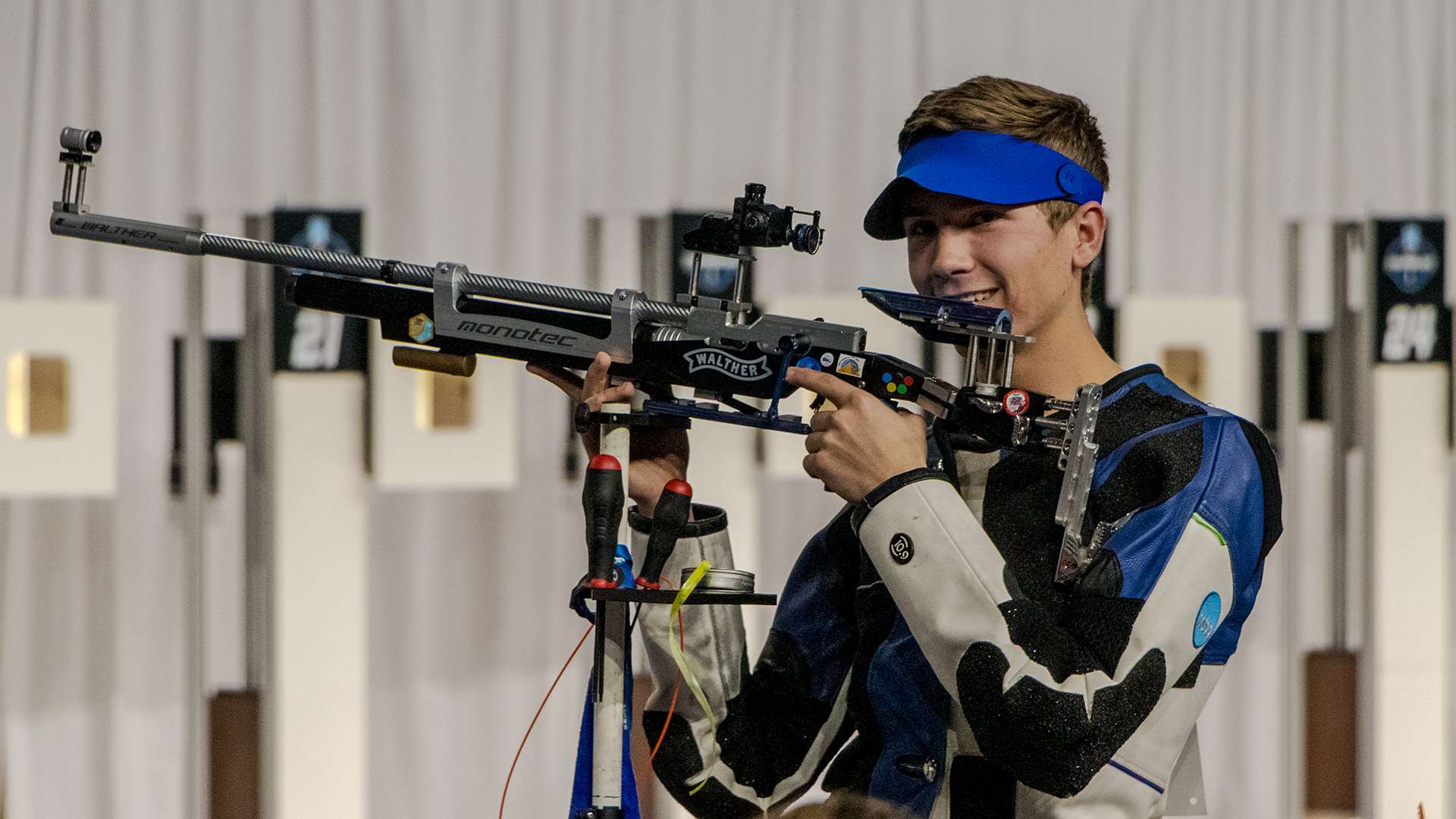 Braden Peiser smiles during the air rifle final at the 2025 NCAA rifle championship