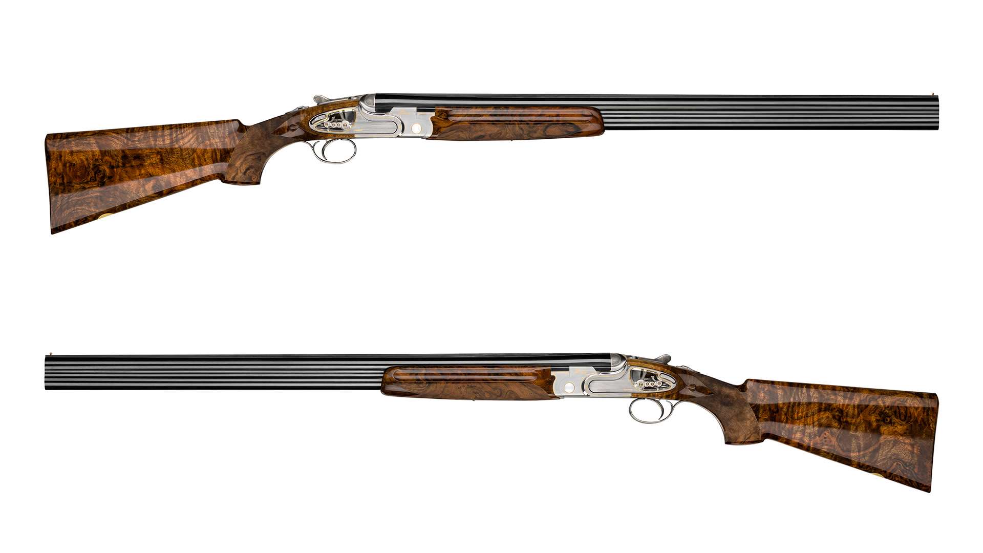 Left and right side profiles of the Beretta SO10 Kronos over-and-under shotgun on a white background, showing the figured walnut stock and windowed sideplates