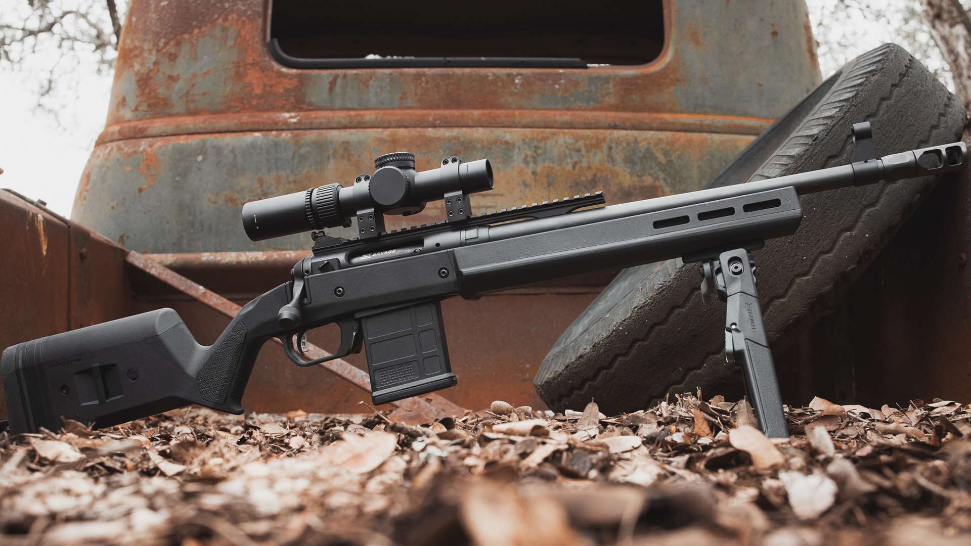 Savage 110 Magpul Scout in Black with bipod and optic