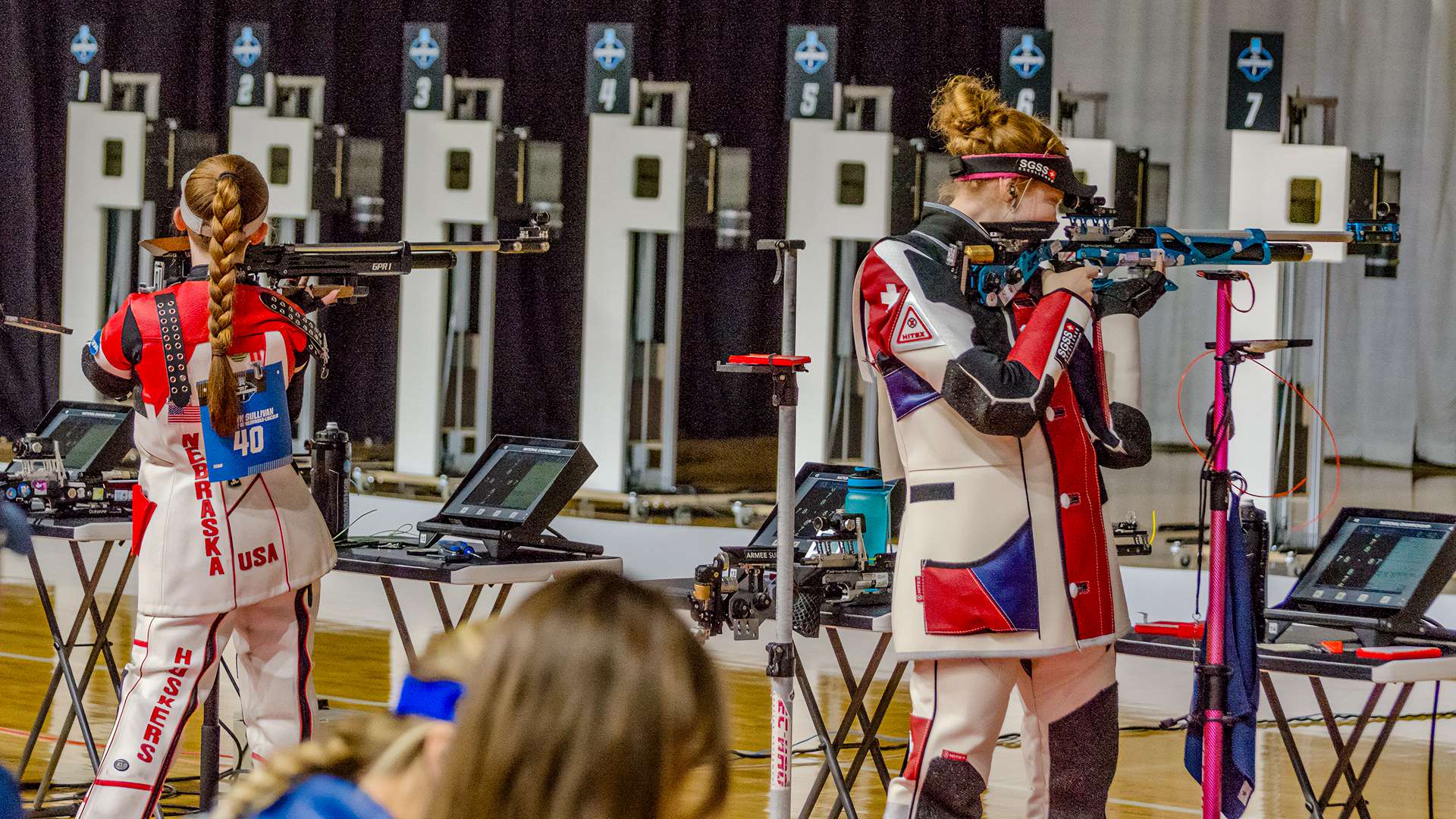 Audrey Gogniat and Katlyn Sullivan in the 2026 NCAA air rifle championship individual final at Ohio State's Covelli Center