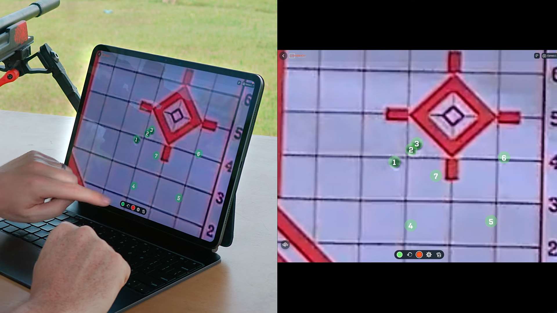 A hand taps a tablet mounted on an articulating arm and running the Longshot app, where seven green numbered dots mark a shot group clustered near a red diamond target