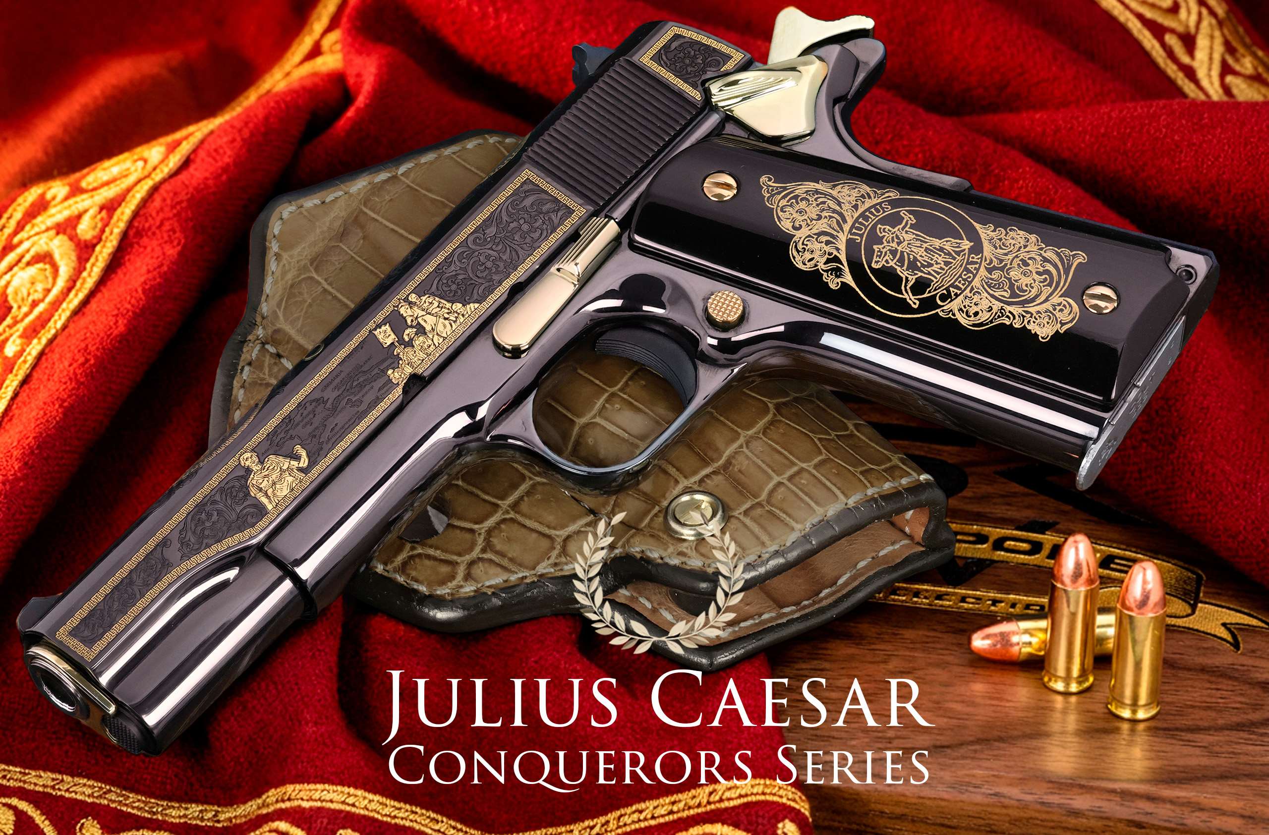 Left side of the SK Guns Julius Caesar Colt 1911 pistol displayed on red fabric, showing gold slide engraving of the Gallic Wars campaign map, a Roman legion and Caesar in a toga, with the Julius Caesar medallion engraved on the black Kirinite grip