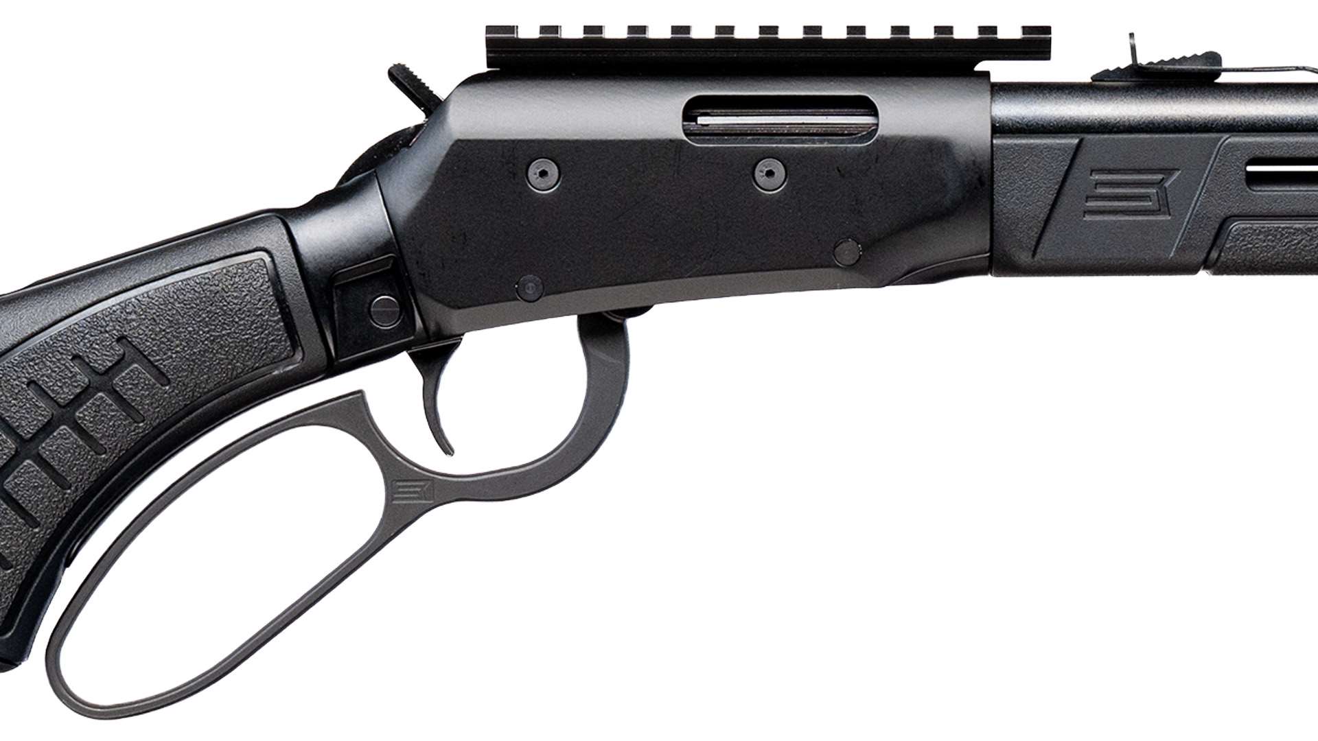 Close-up of a black lever-action rifle receiver with a top-mounted Picatinny rail, external hammer, textured grip and large lever loop