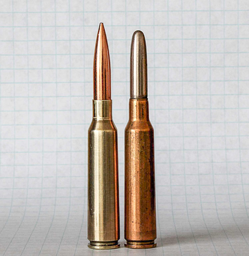 The M69 has considerable throat, requiring seating Berger 140-grain VLD bullets (l.) a bit longer than milsurp 6.5x55 Swedish