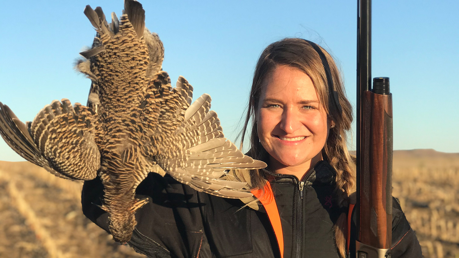 Ashley Vanderhoof of Browning Lifestyle in South Dakota on a prairie chicken hunt