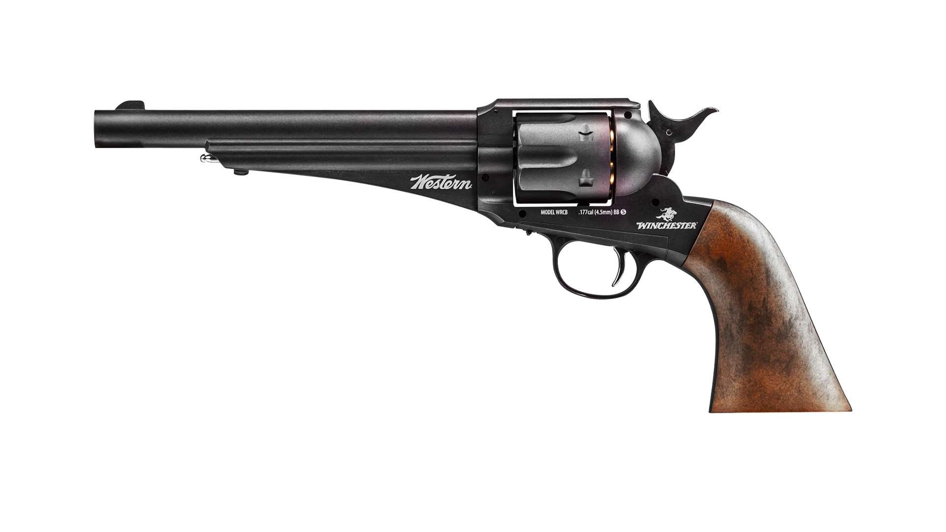Left side view of the Winchester Air Rifles Single Action Western Revolver showing gun metal finish nickel-plated accents and faux wood grip