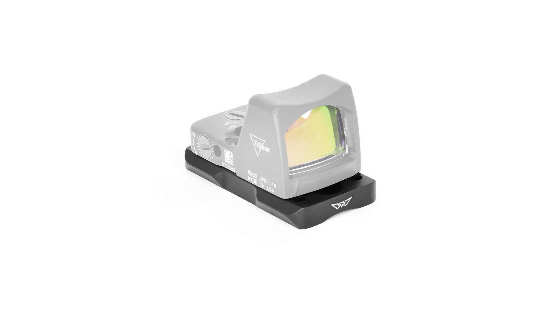 Black Warne Universal Receiver Red Dot Mount with a Trijicon RMR reflex sight, shown in gray, attached on top, against a white background