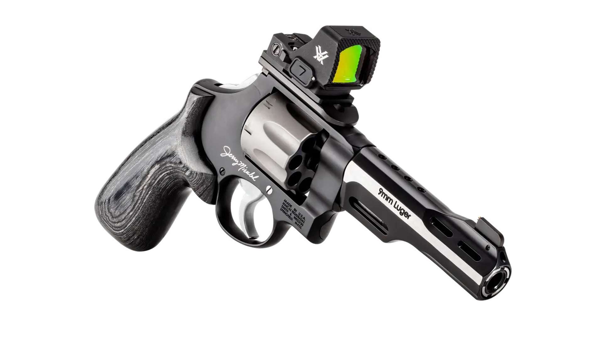 A Smith &amp; Wesson Jerry Miculek 9mm Luger competition revolver with gray laminate grips and a mounted red-dot optic