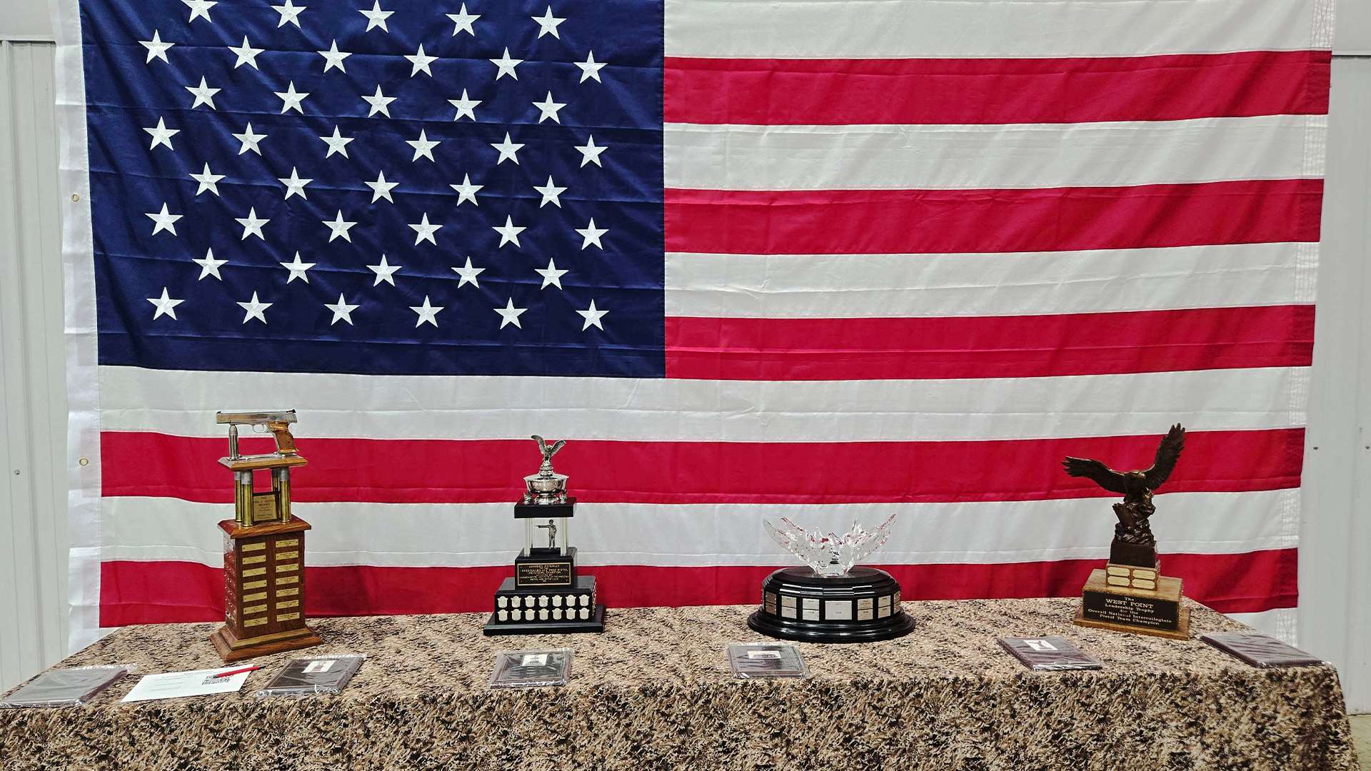NRA trophies with American flag background