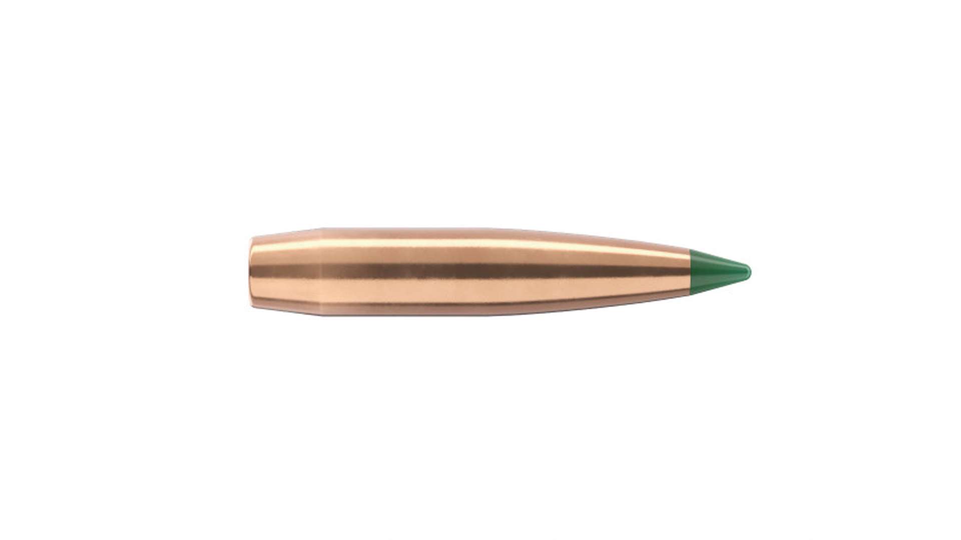 Sierra 7 mm 185 grain Tipped MatchKing rifle bullet photographed upright against a white background, showing the polymer tip and long copper boat-tail profile