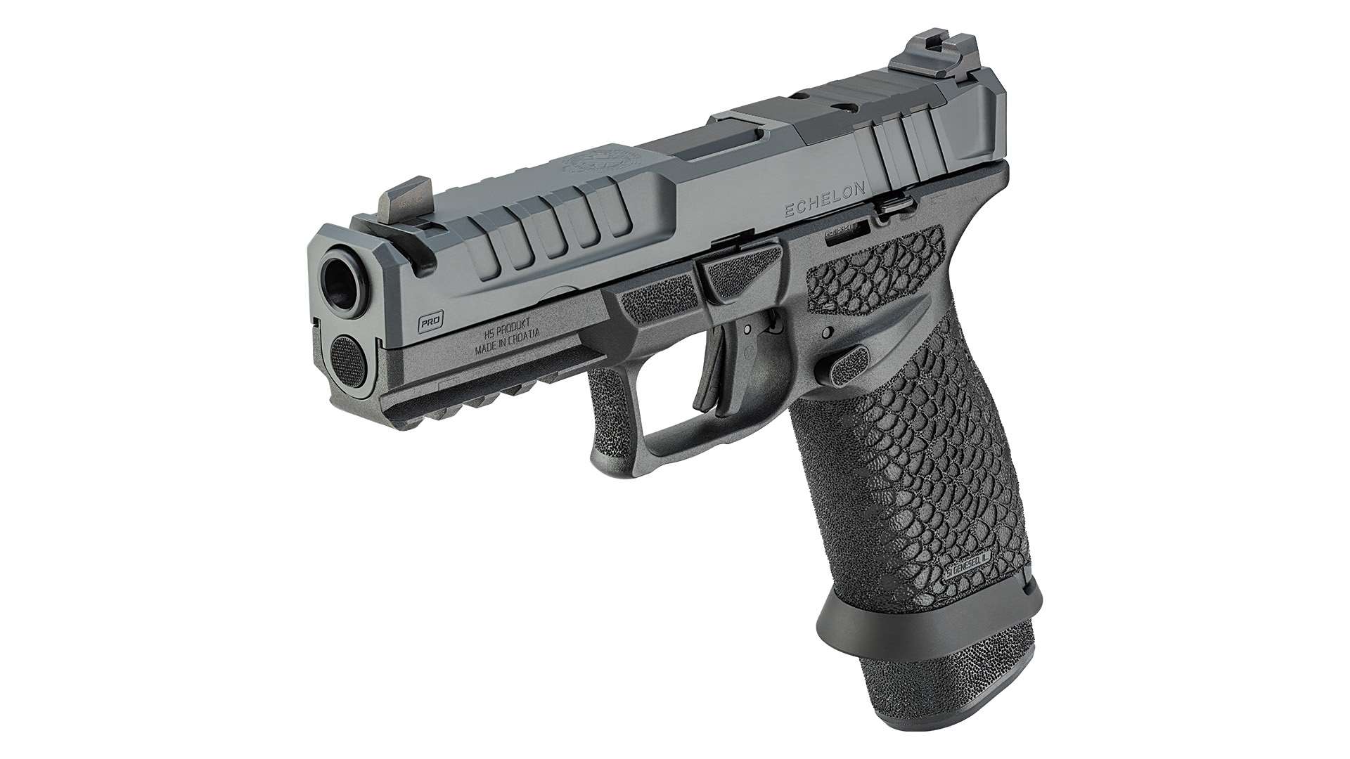 Front three-quarter view of the Springfield Armory Echelon Pro 4.5F Comp 9 mm pistol showing the compensated gray slide, Badlands-textured grip and flared magazine well