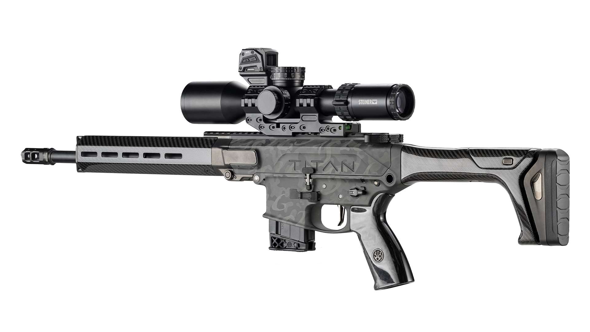 Beretta Titan rifle photographed against a white background showing the engraved Titan name on the receiver, carbon-fiber stock and full barrel with muzzle brake