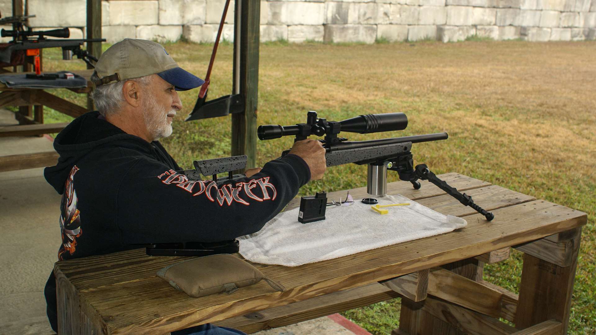 Mike Ganikon of Flagler Gun Club with front bipod and rear bag configured for Blackjack shooting