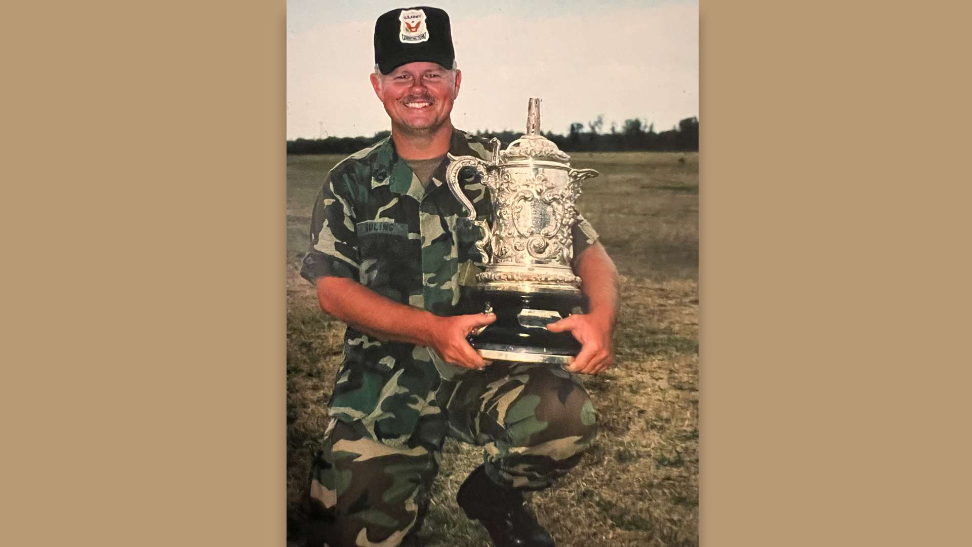 Terry Duling holding the Leech Cup after winning the competition at 1991 National Matches, Camp Perry, Ohio