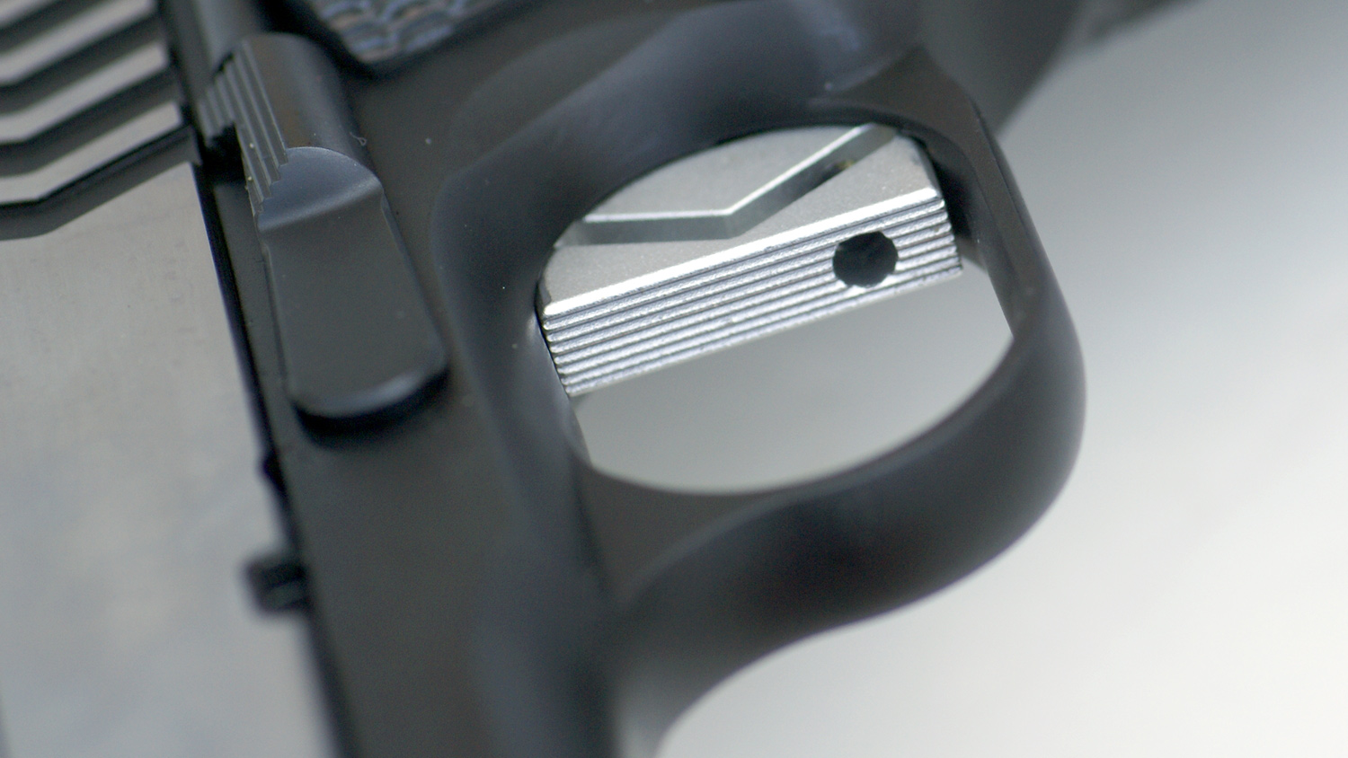 The flat-faced aluminum trigger includes an overtravel adjustment screw and broke at just over four pounds out of the box.