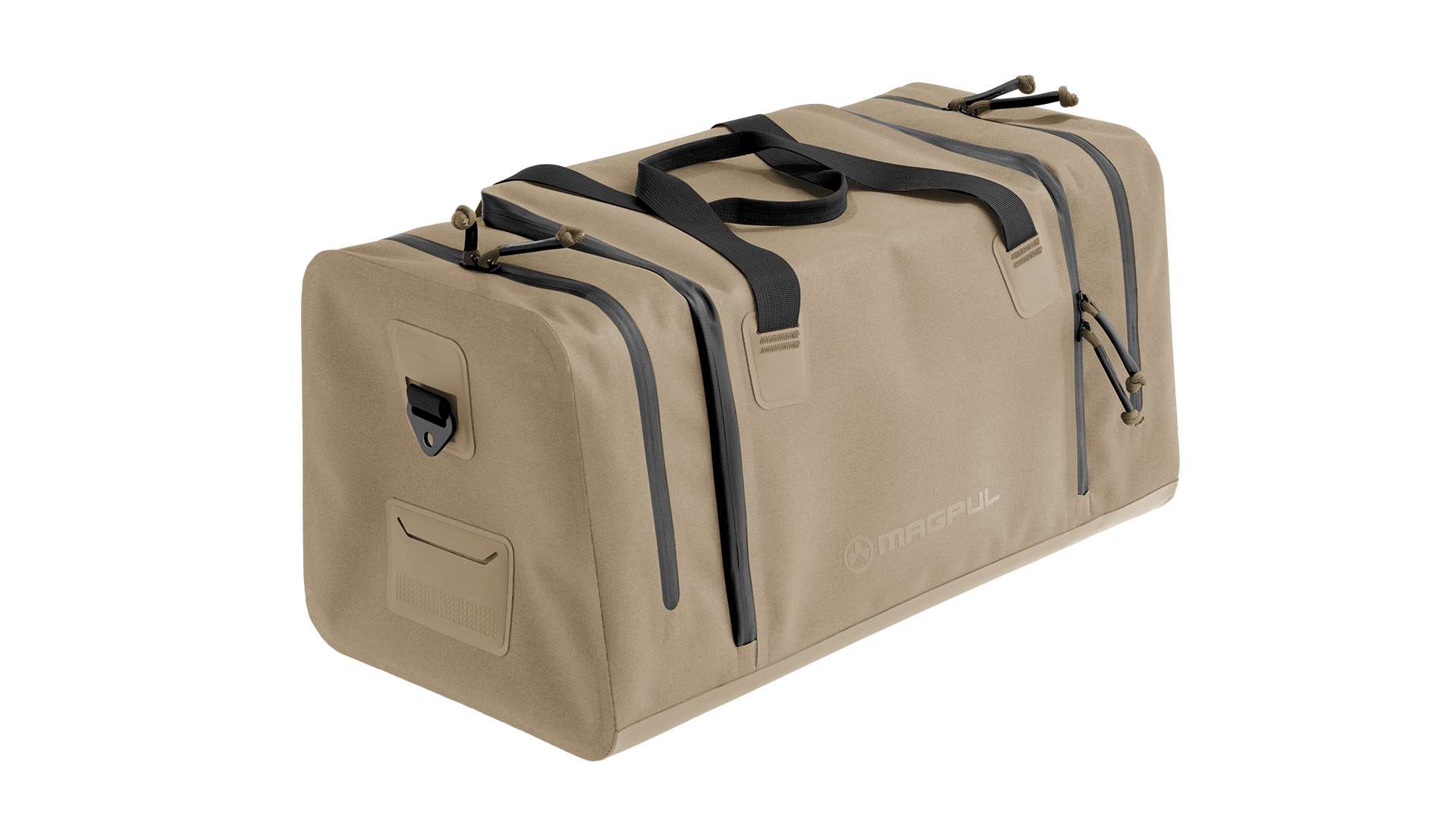 Studio product image of the Magpul DAKA Range Bag, Large, in flat dark earth showing the side pocket zippers, twin webbing handles and Magpul logo