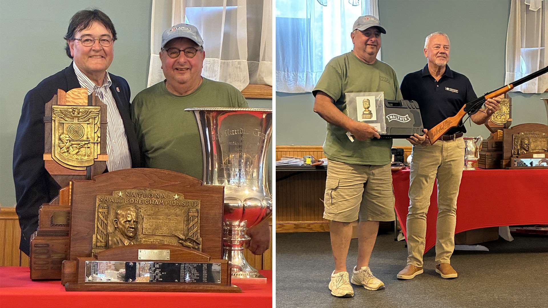 Two photos side by side showing the 2026 prone and F-Class national champions with their trophy plaques at the awards ceremony