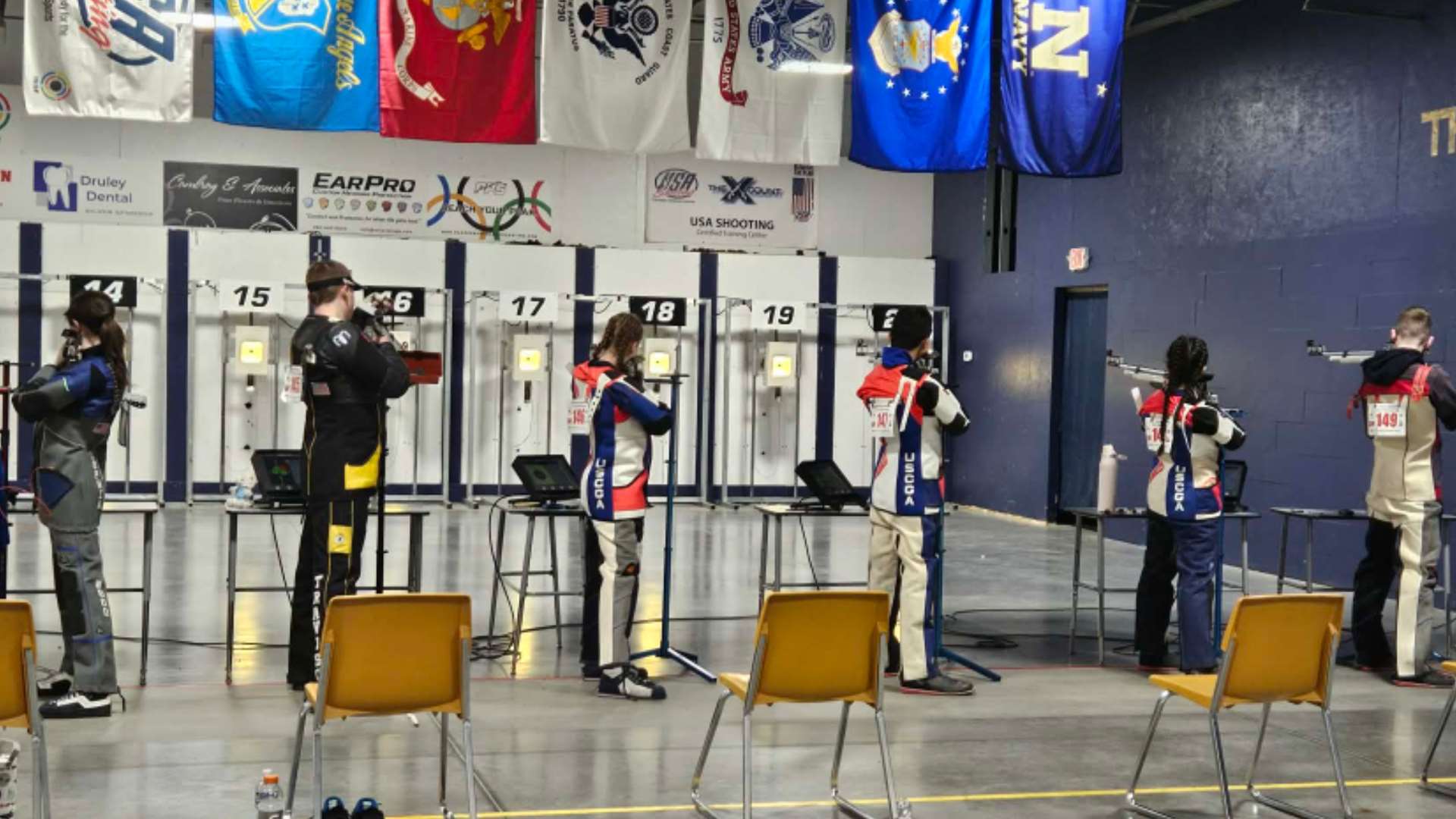 Six Mid-Atlantic Rifle Conference athletes compete on the firing line at the 2026 ASSA Intercollegiate Rifle Club National Championship in Fort Wayne Indiana