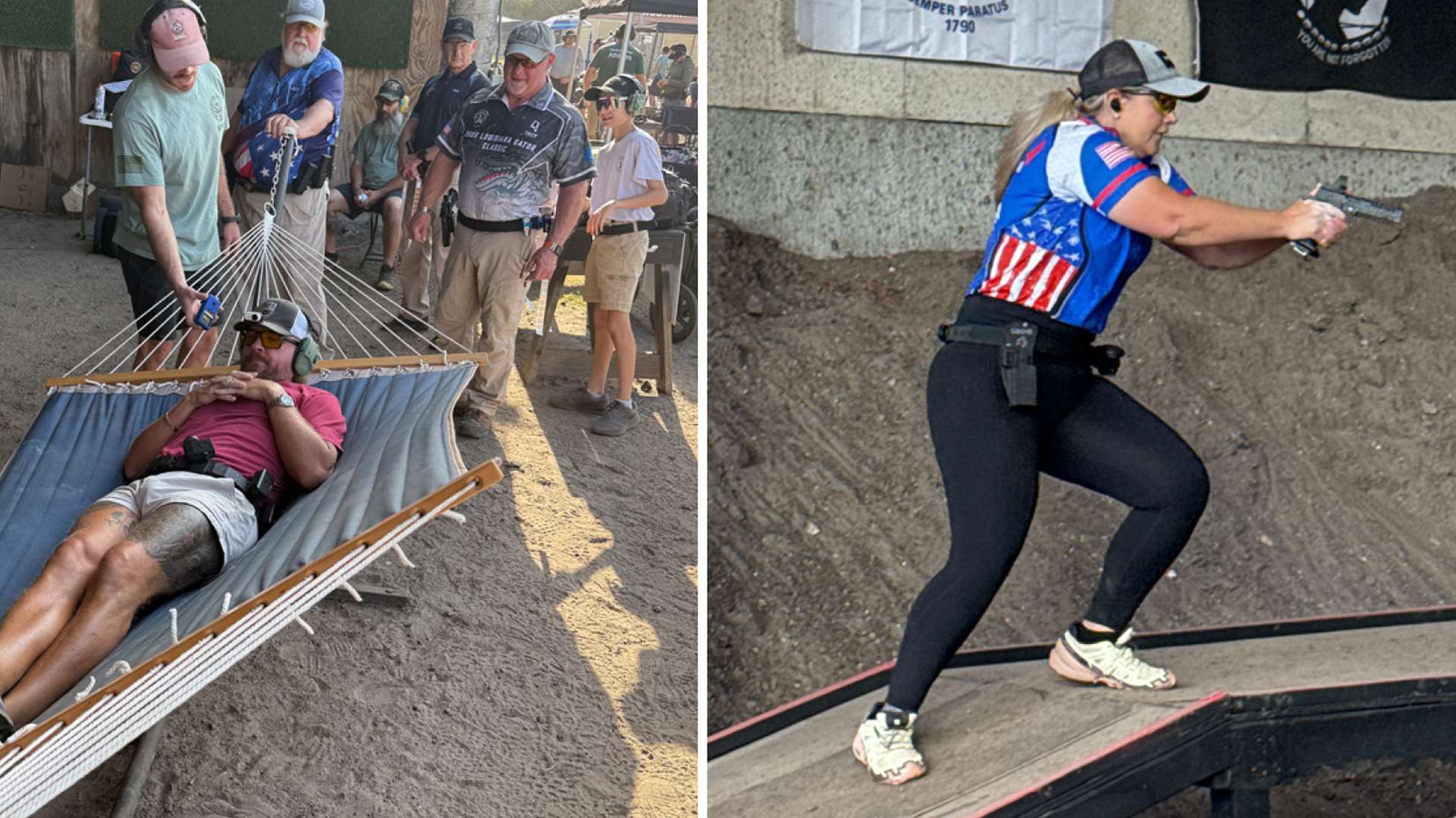 Composite image showing a male USPSA competitor lying in a hammock to engage targets while spectators watch, next to a female competitor running across a wooden platform during the Doc Welt Memorial Match