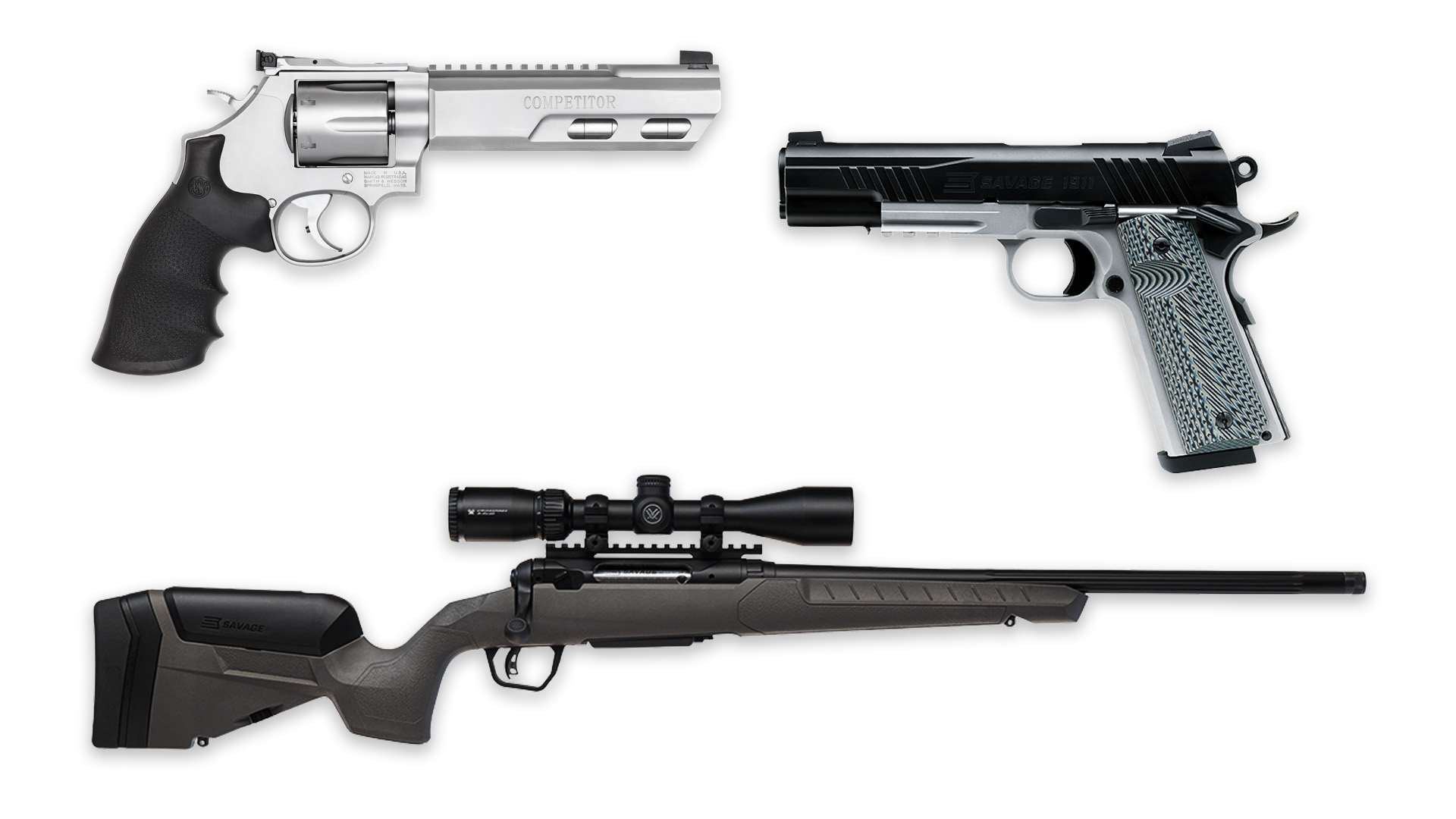A stainless Smith &amp; Wesson 686 Competitor revolver, a two-tone Savage 1911 pistol with rail and a gray Savage 110 Trail Blazer XP rifle with a scope, shown on a white background