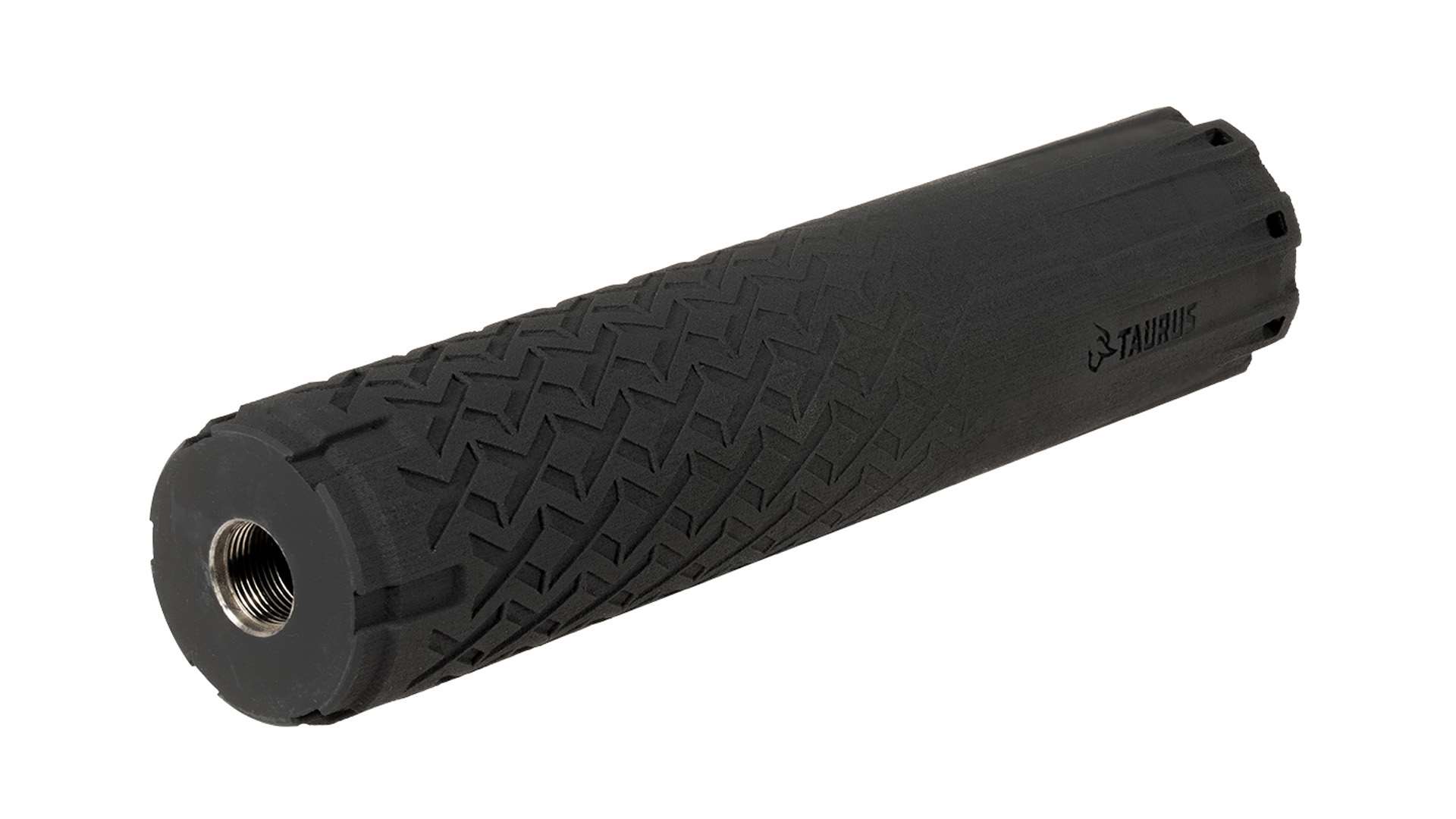 Black Taurus TTX9C suppressor with its threaded 1/2x28 mount facing the camera