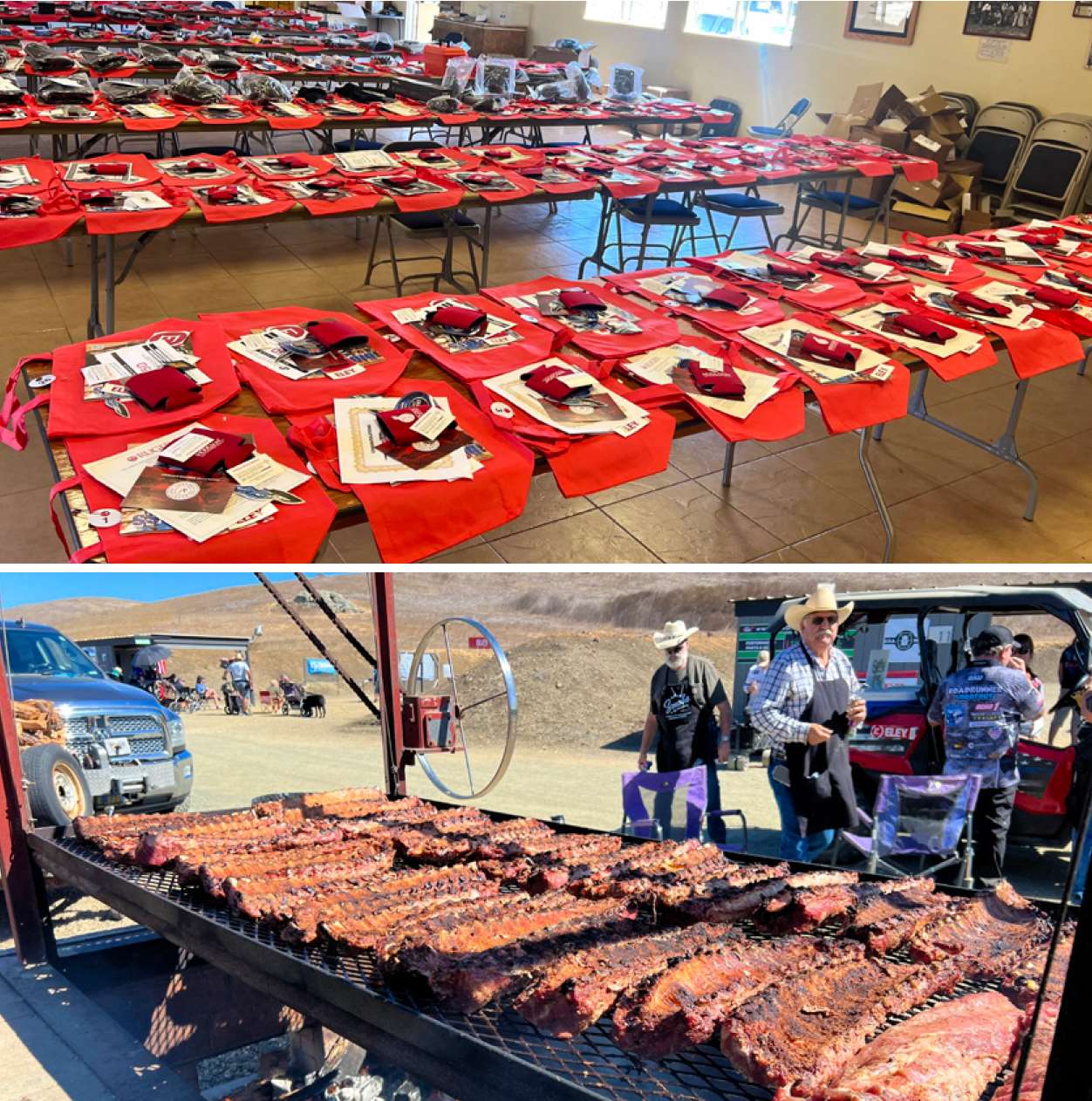 Two stacked photos: the top shows a large indoor hall with rows of tables covered in red cloths and stacked with prize bags and items for shooters; the bottom shows a Santa Maria-style grill loaded with more than twenty racks of ribs, with people gathered around it outdoors