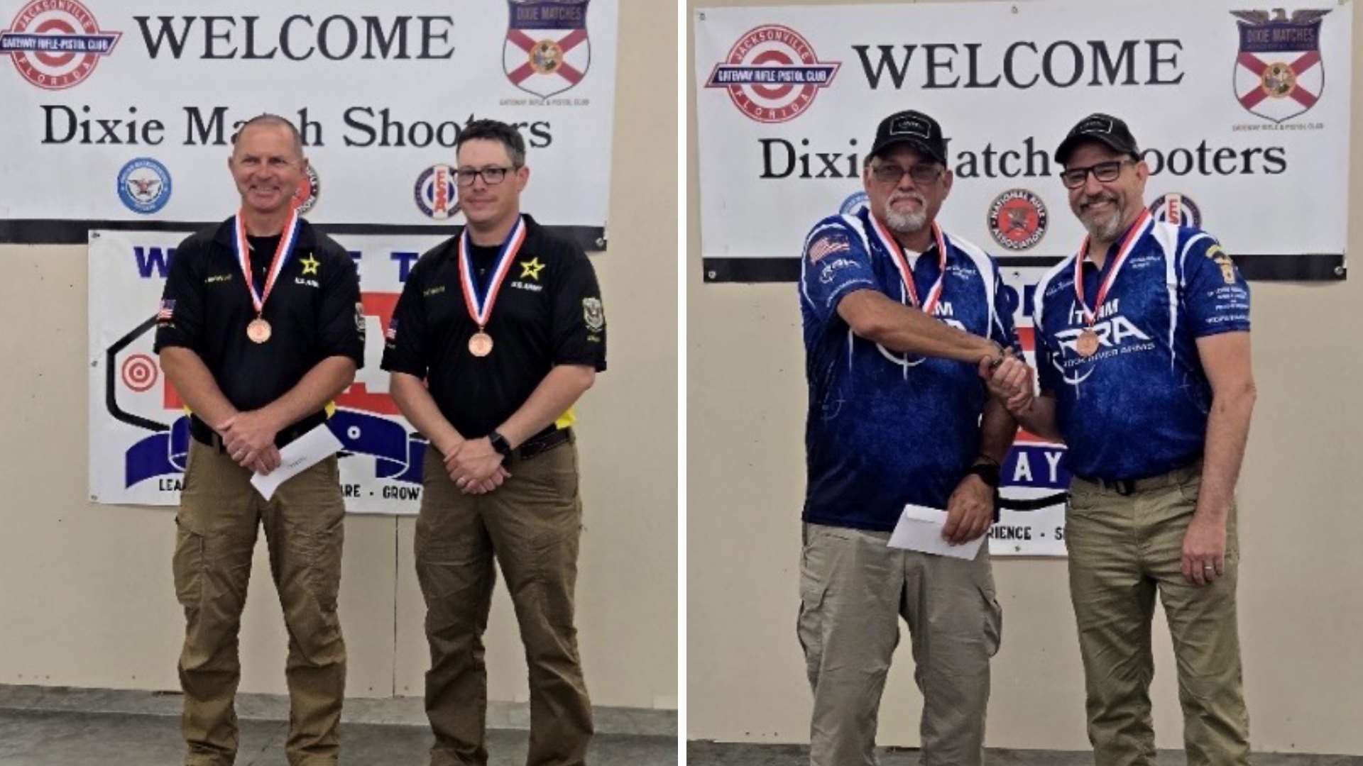 Side-by-side photos of the two winning two-person teams at the 2026 Dixie Matches with the USAMU pair on the left in black Army polos and the Rock River Arms pair on the right in blue Team RRA jerseys, all wearing medals