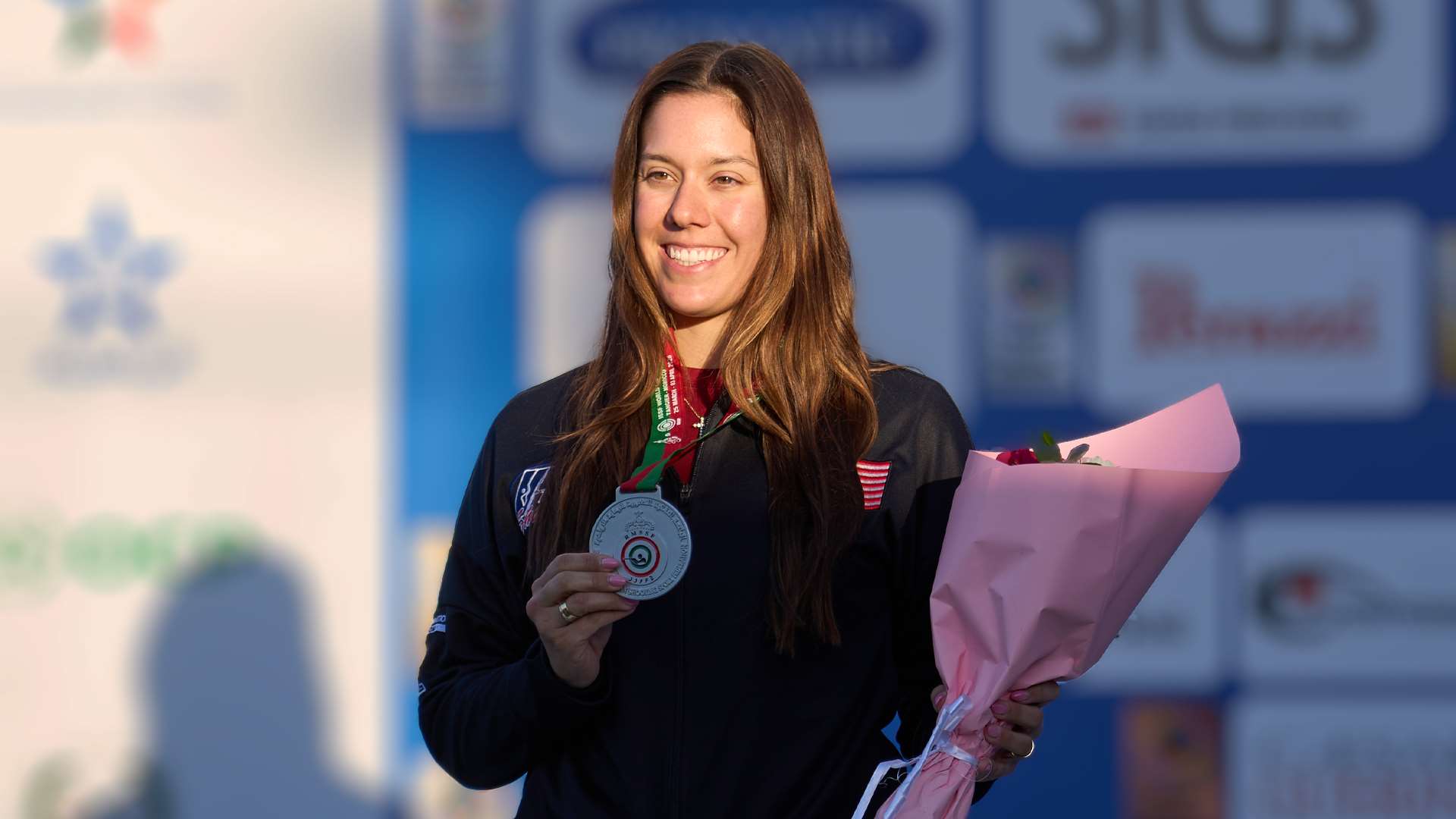 USA Shooting athlete Dania Vizzi with silver medal at 2026 ISSF World Cup Tangier awards ceremony