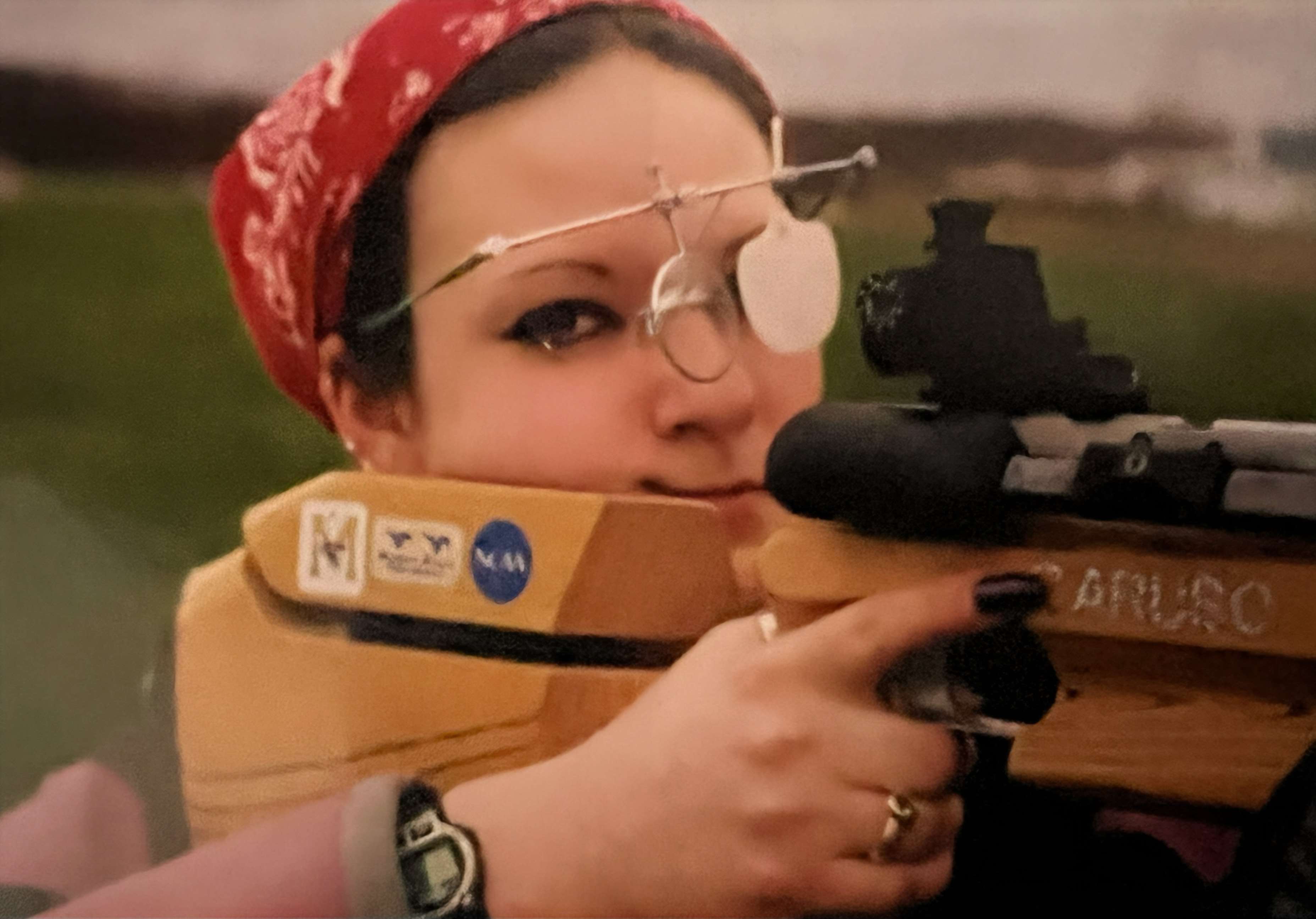 Emily Caruso with smallbore rifle on a Camp Perry range in 1998