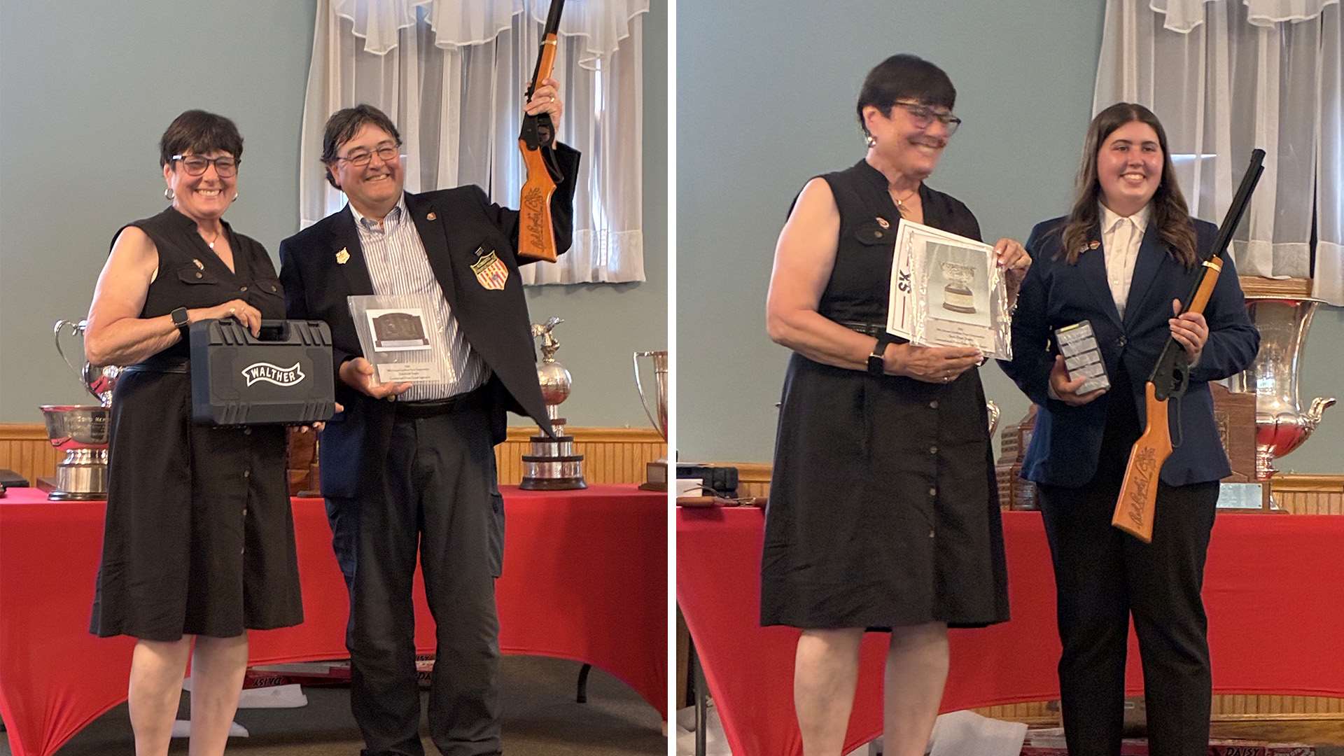Two photos side by side showing NRA Director Patti Clark presenting awards to competitors at the 2026 NRA National Smallbore Championship ceremony
