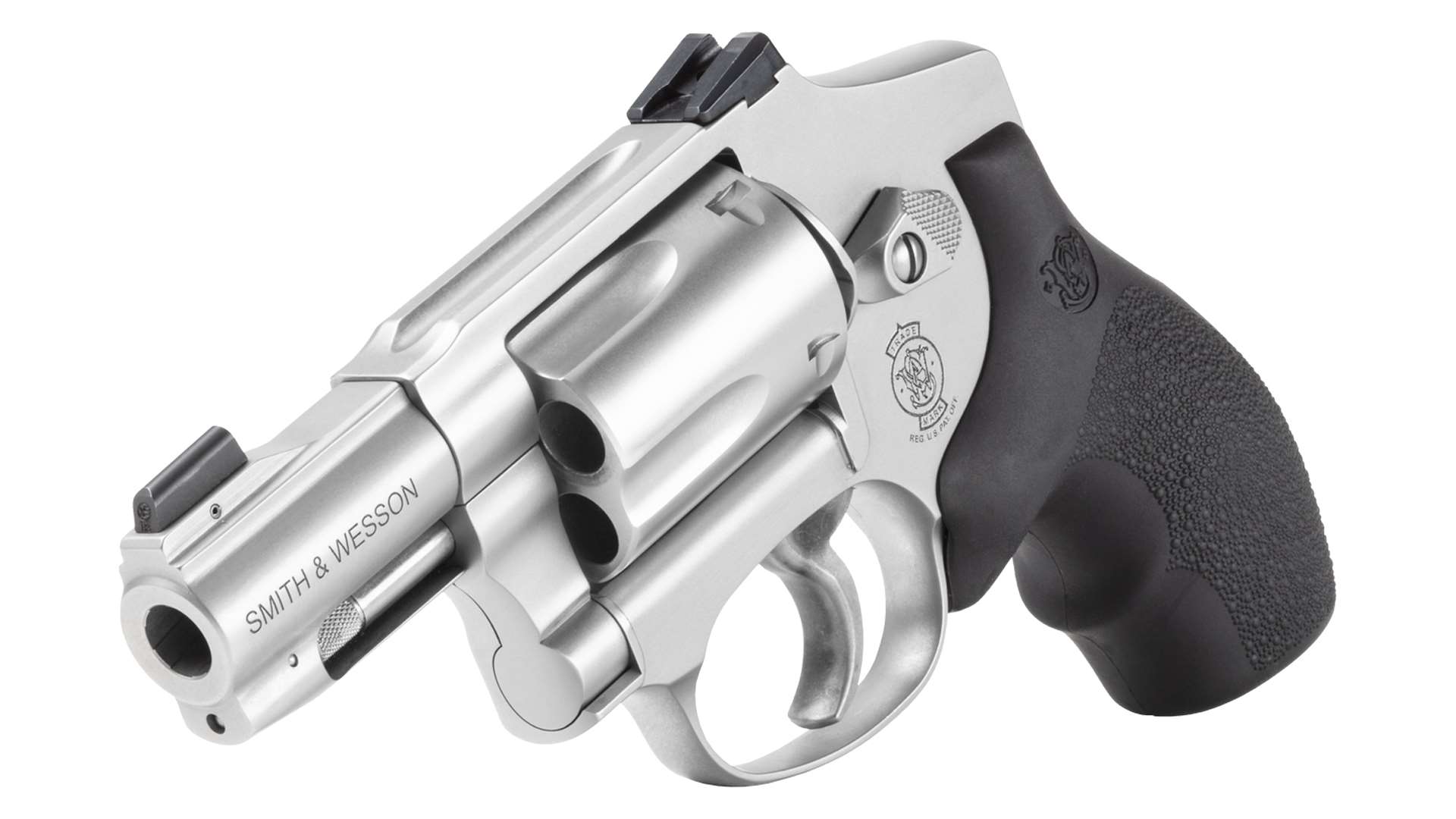 Smith and Wesson Model 940-3 stainless steel J-Frame 9 mm revolver with concealed hammer and Hogue Bantam grip