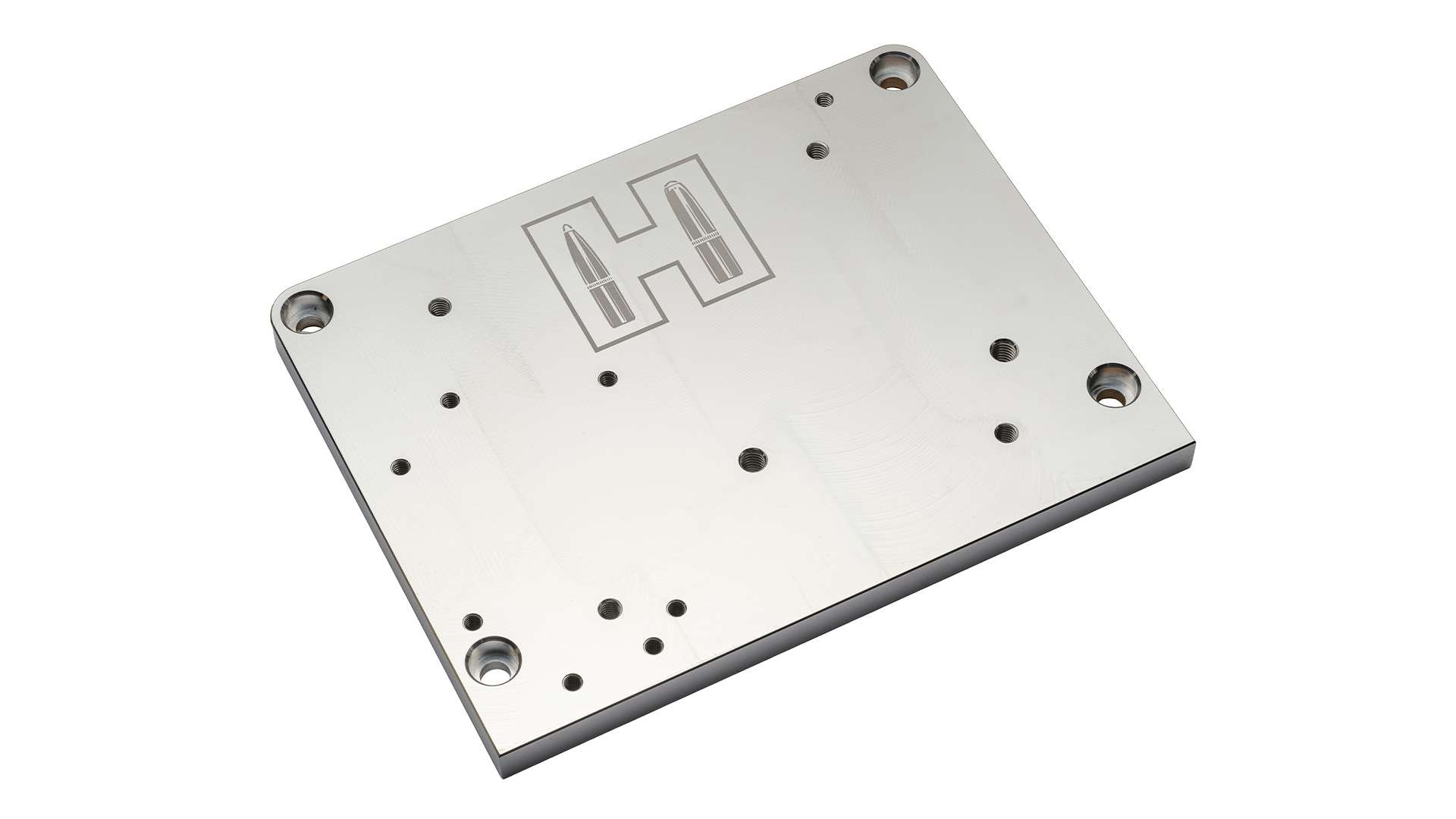Silver machined aluminum Hornady Universal Mounting Plate with an engraved H logo and multiple mounting holes