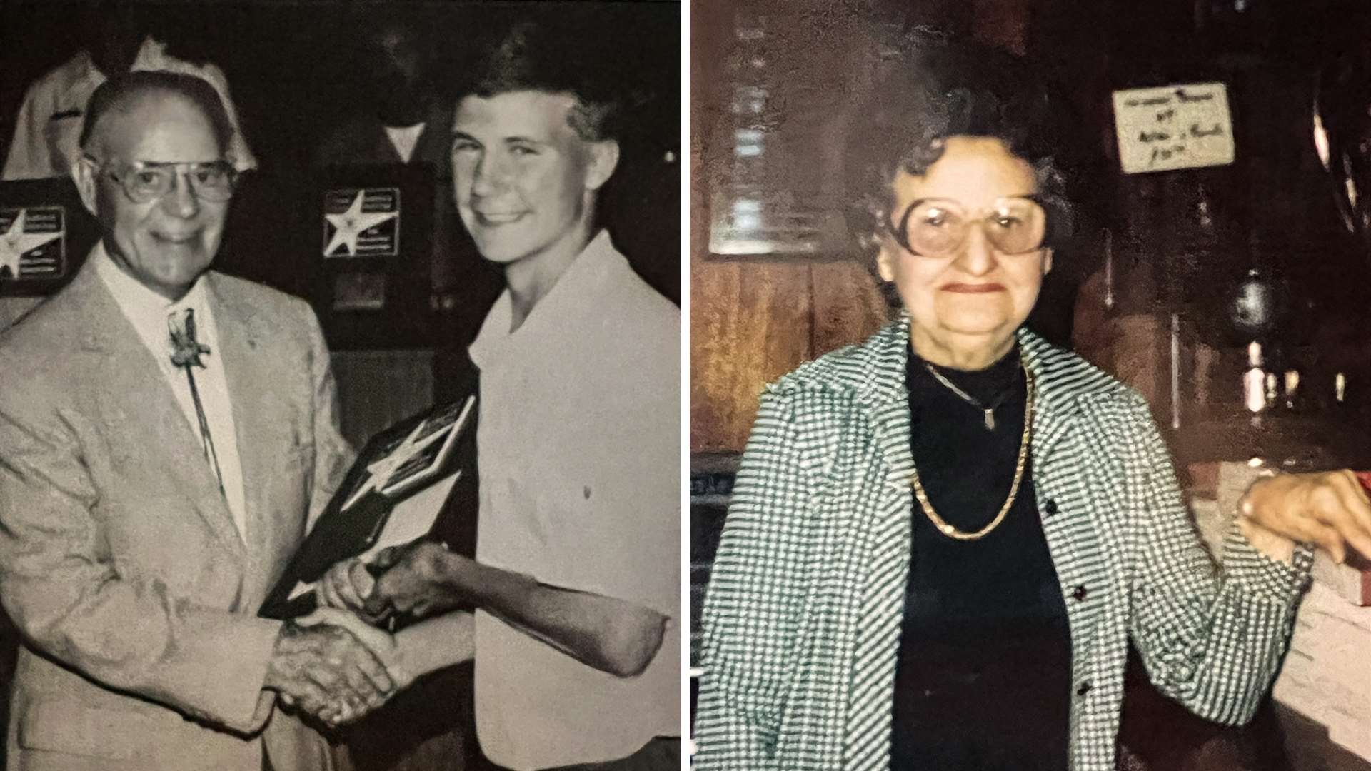 Harry Reeves congratulates John Bickar at 1992 National Matches; first 25-year NRA volunteer Mary K. Hopper is recognized at Camp Perry