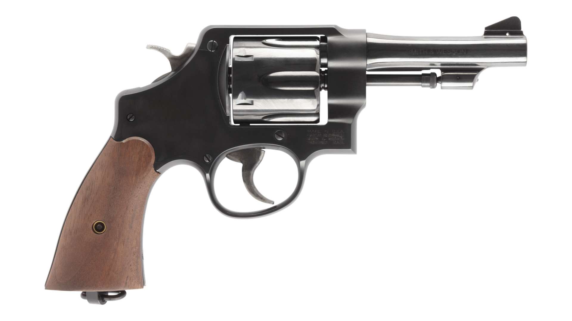 Right-side profile of a blued Smith &amp; Wesson Model 22 Classic revolver with a 4-inch barrel, serrated ramp front sight, walnut grips and lanyard ring